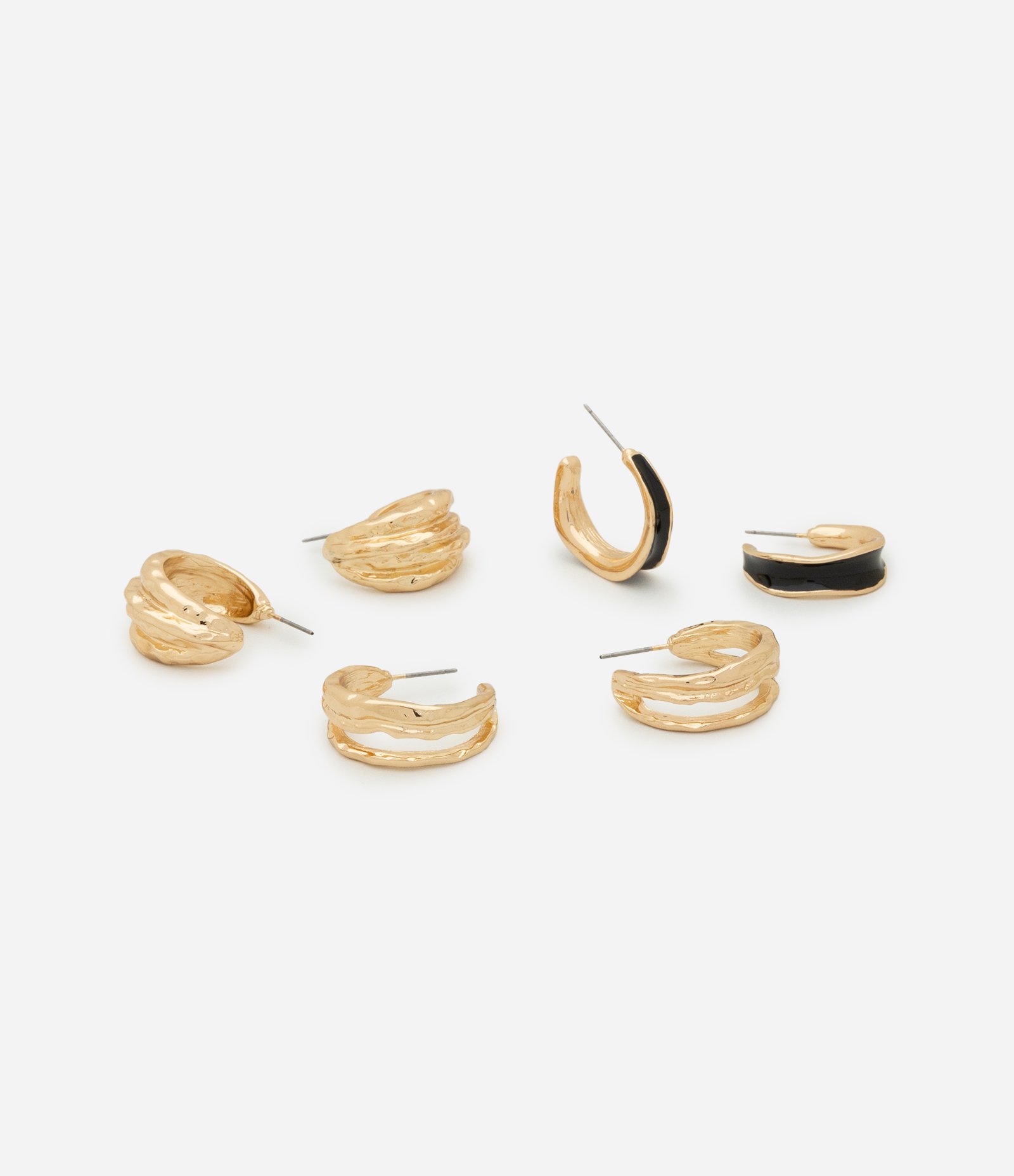 Kit 03 Brincos Argolas em Metal Vazados e com Resina Dourado 2