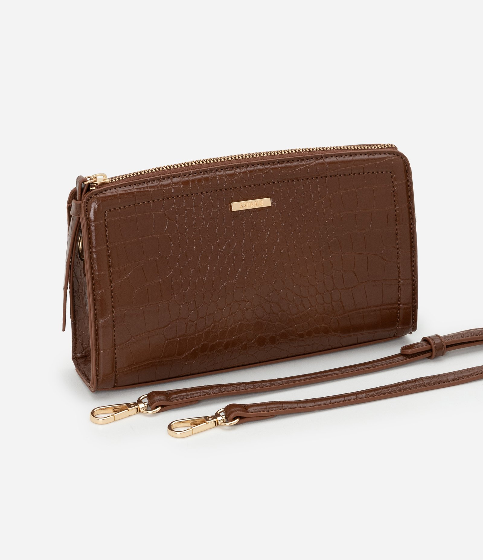 Bolsa Transversal Pequena com Textura Croco Marrom 8