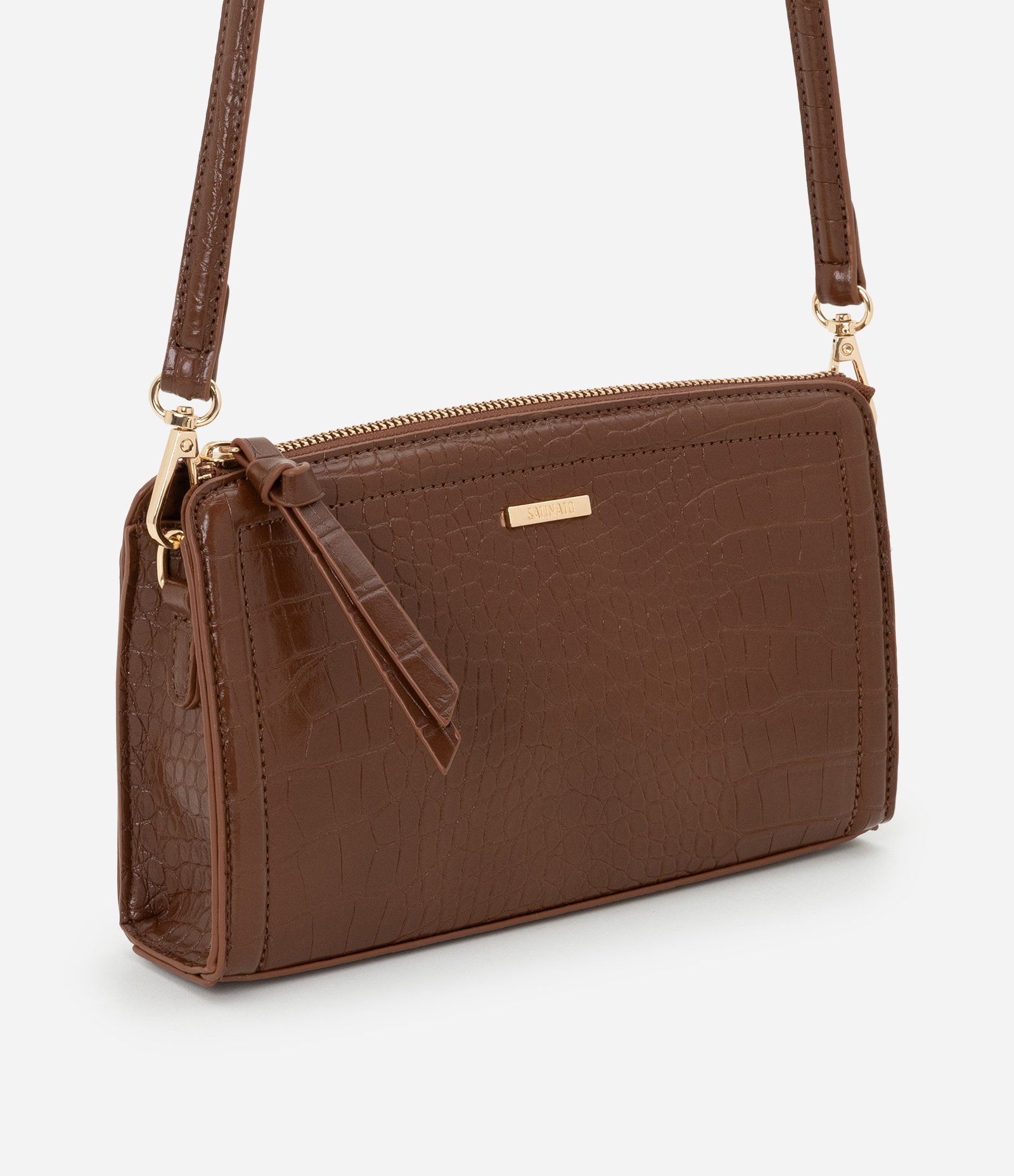 Bolsa Transversal Pequena com Textura Croco Marrom 1