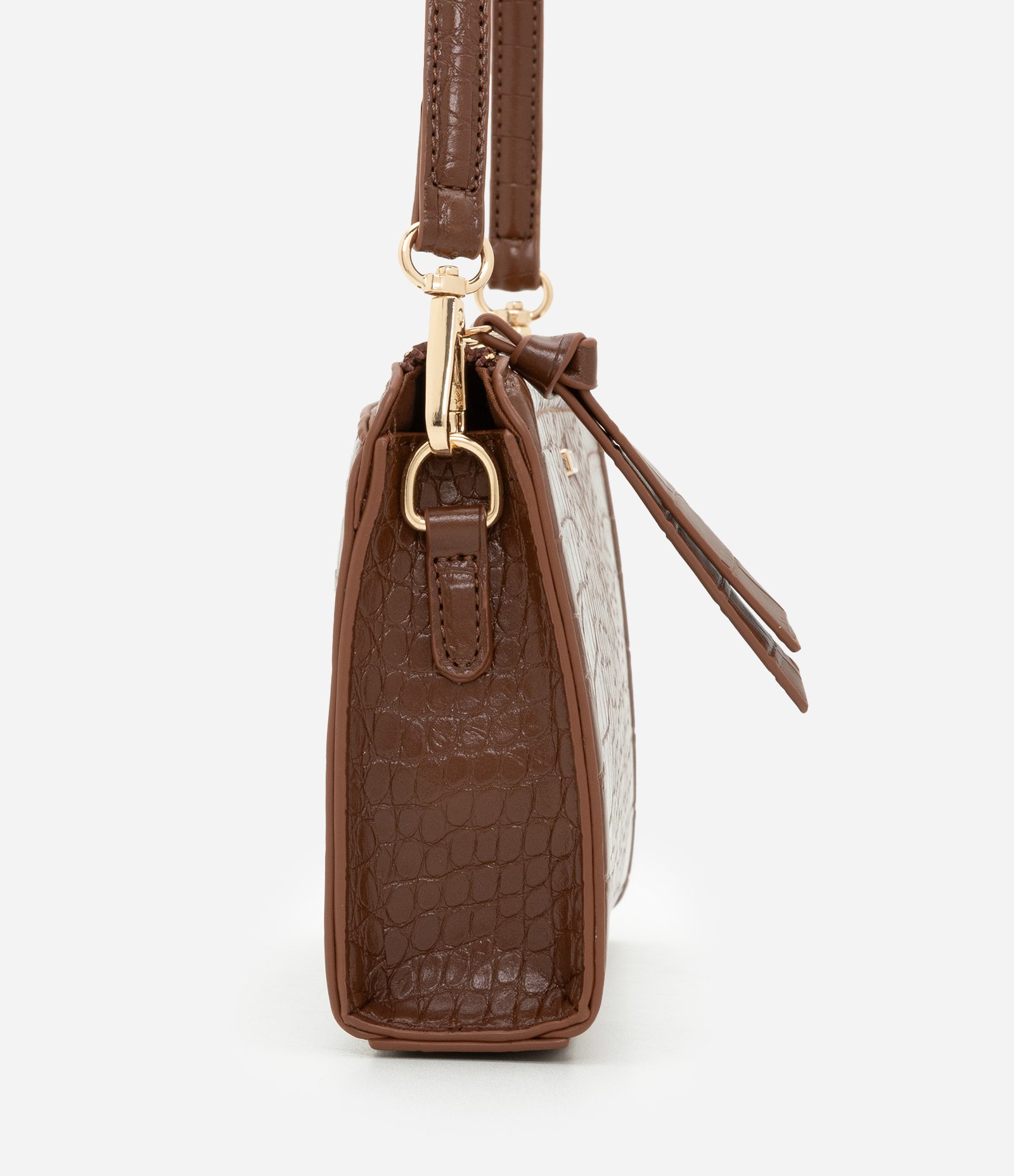 Bolsa Transversal Pequena com Textura Croco Marrom 2