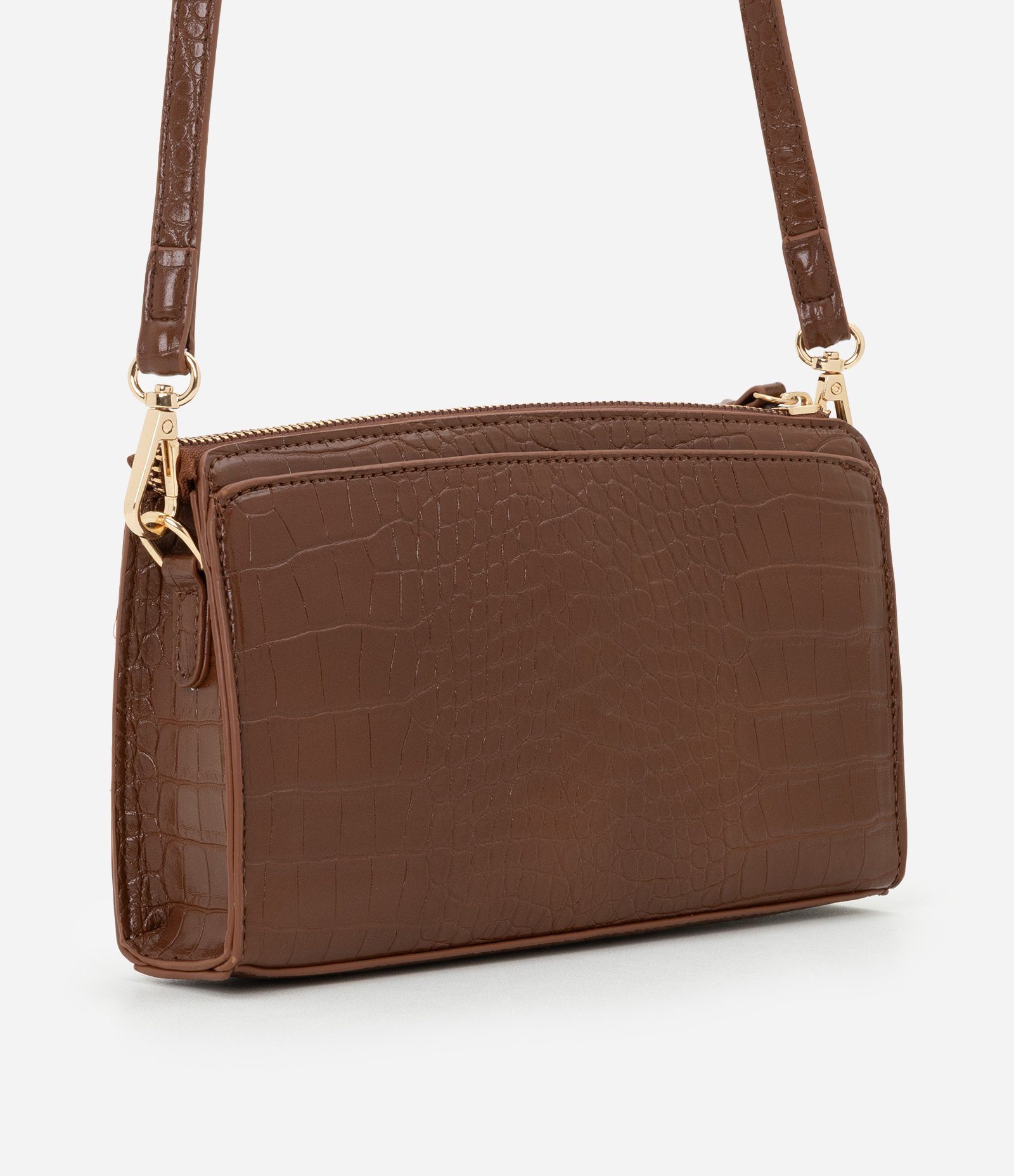 Bolsa Transversal Pequena com Textura Croco Marrom 3