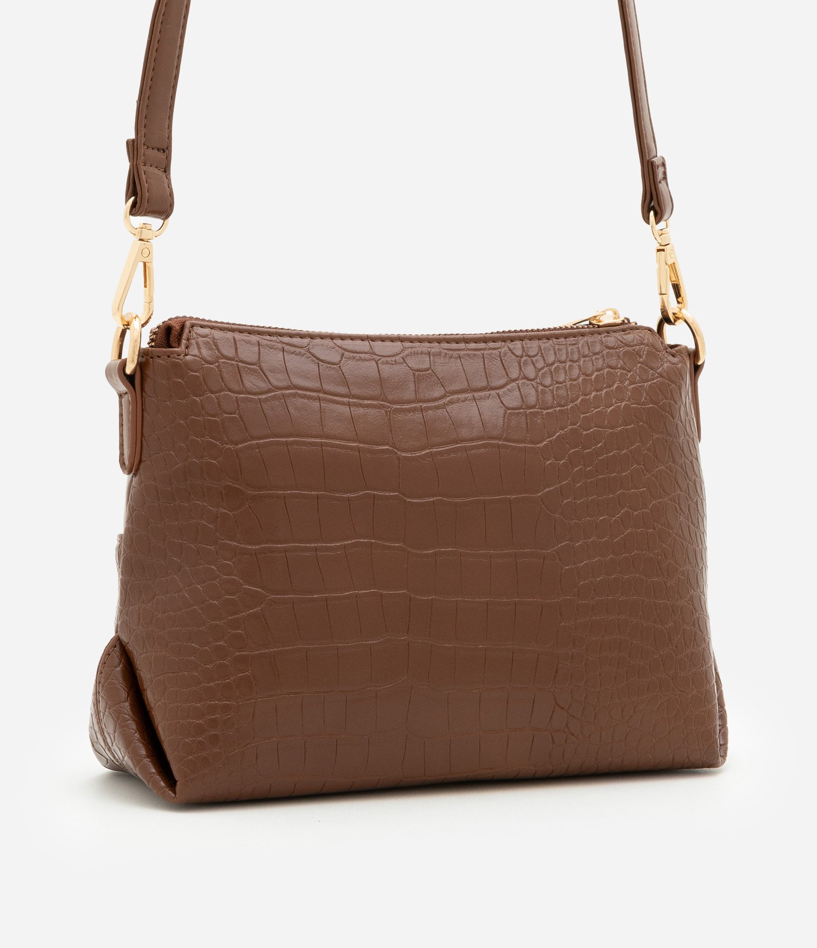 Bolsa Transversal Média com Textura Croco Marrom 3