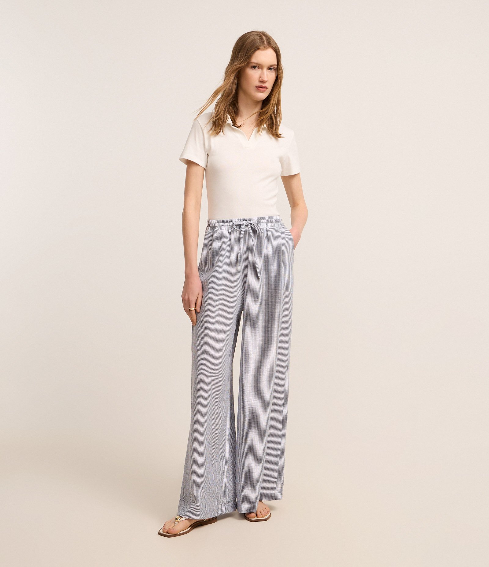 Calça Fluída Alfaiatada com Listras e Textura Twilight Blue 1