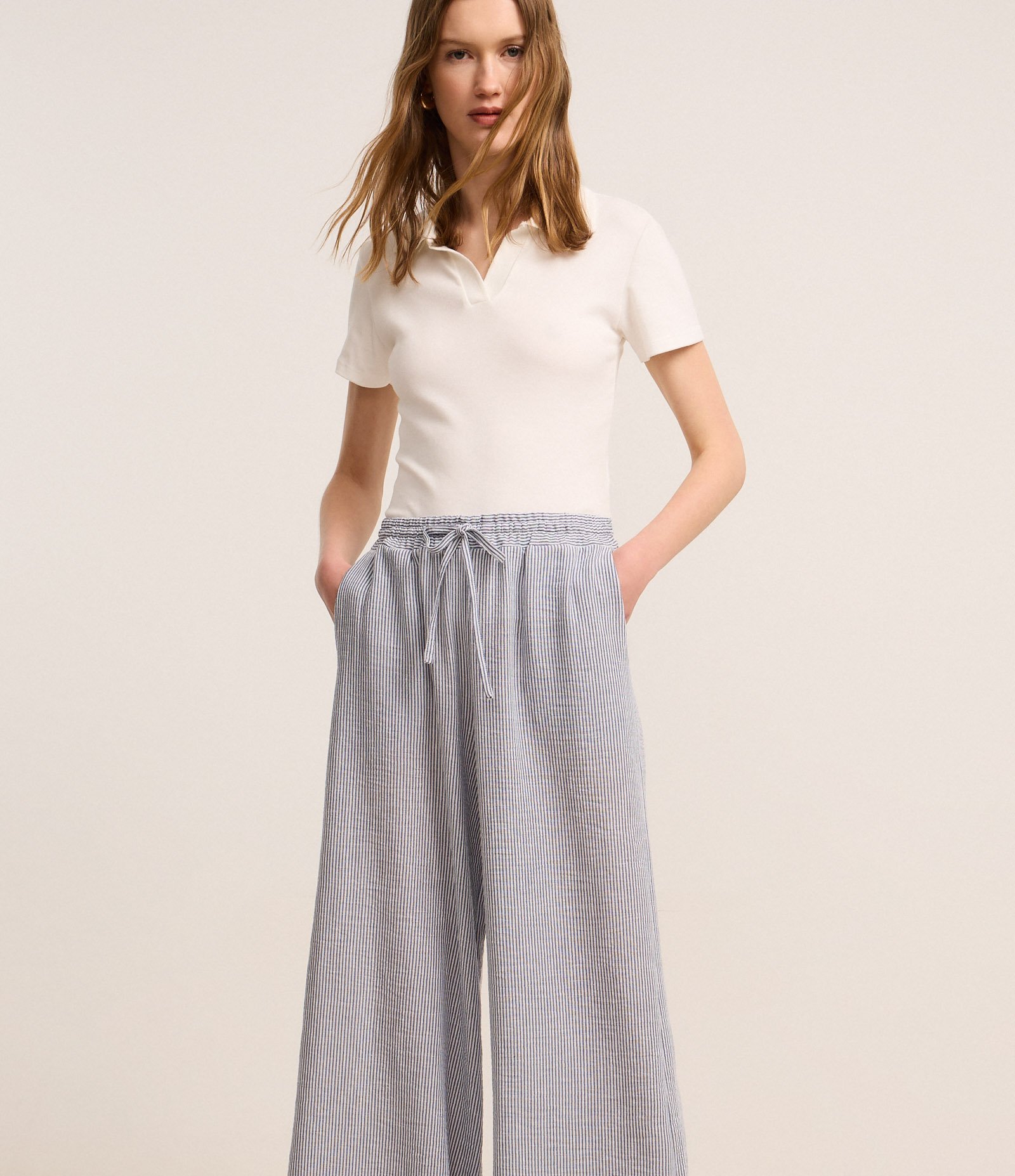 Calça Fluída Alfaiatada com Listras e Textura Twilight Blue 2