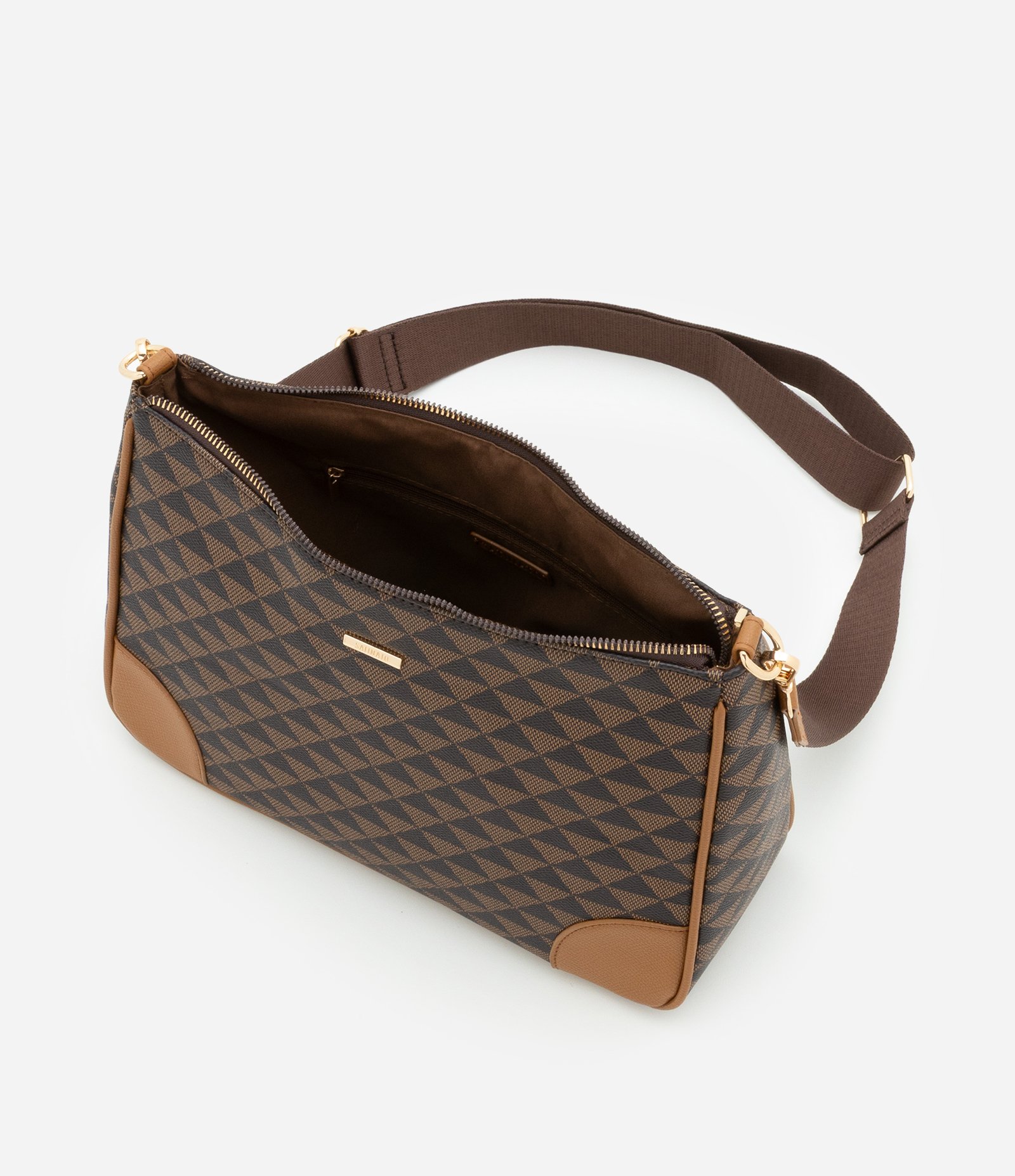 Bolsa Postman Média com Estampa Triangular Marrom 6