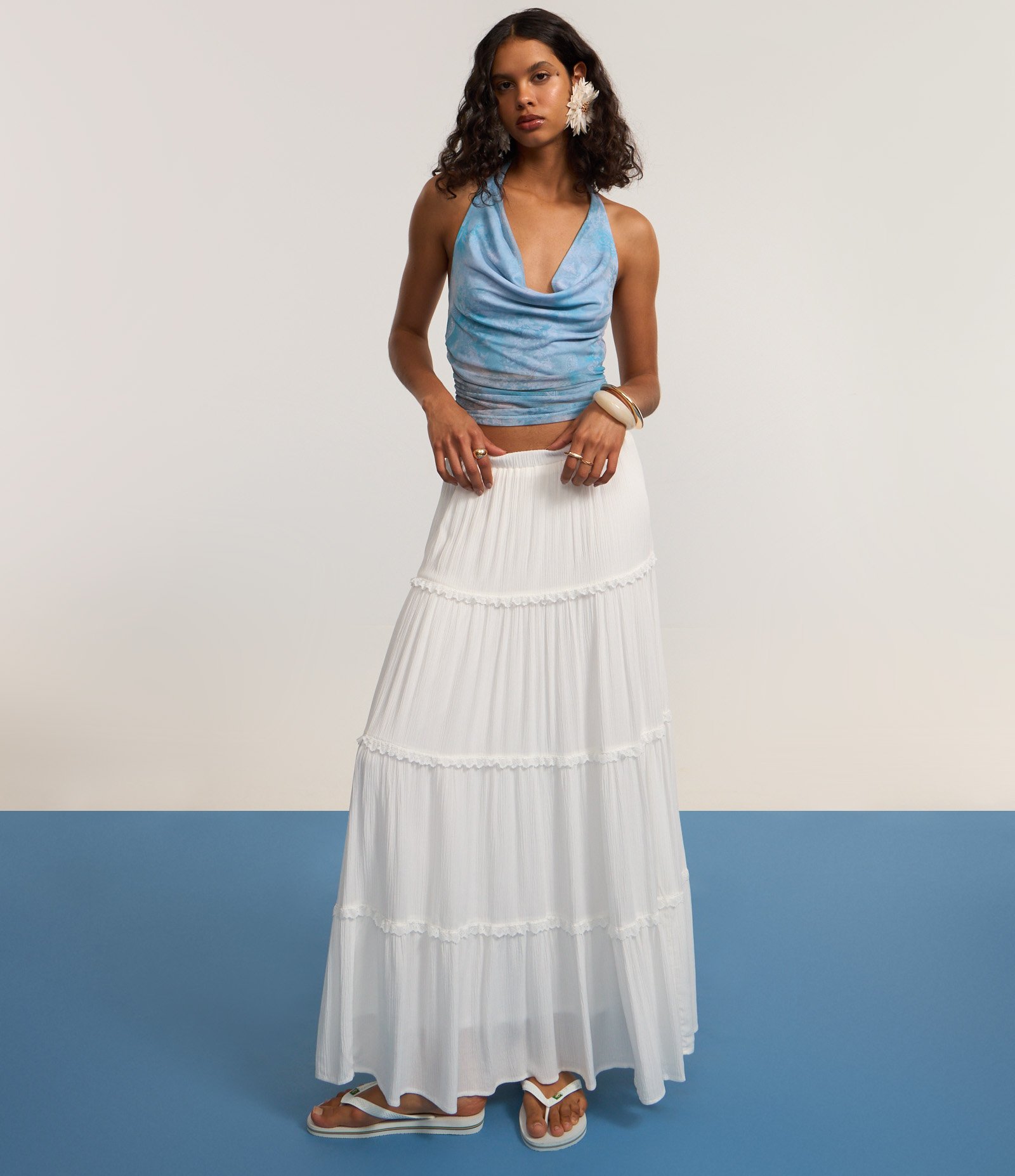 Saia Long Midi em Viscose com Babados e Textura Branco 5