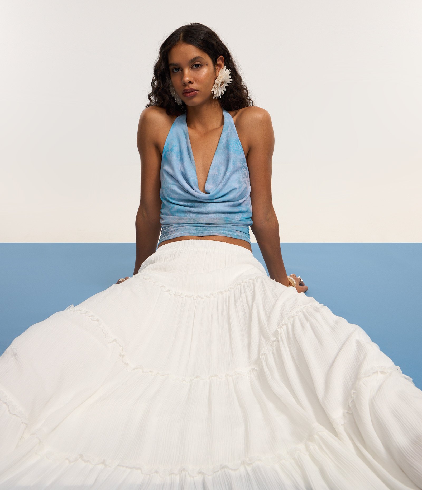 Saia Long Midi em Viscose com Babados e Textura Branco 6