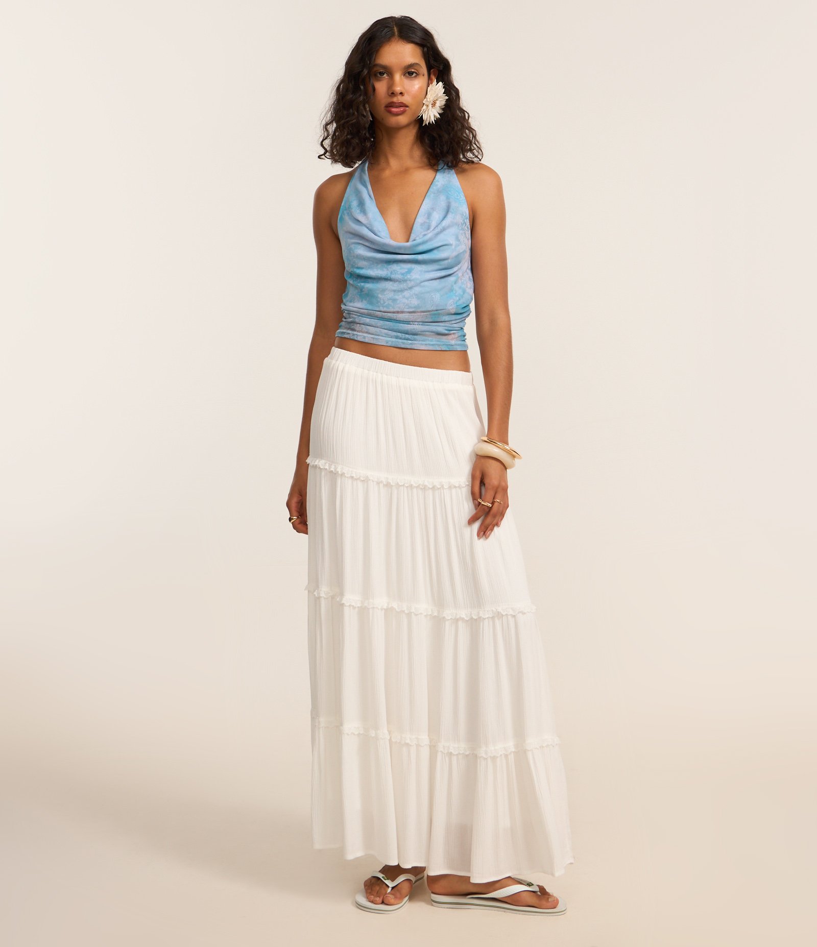 Saia Long Midi em Viscose com Babados e Textura Branco 1