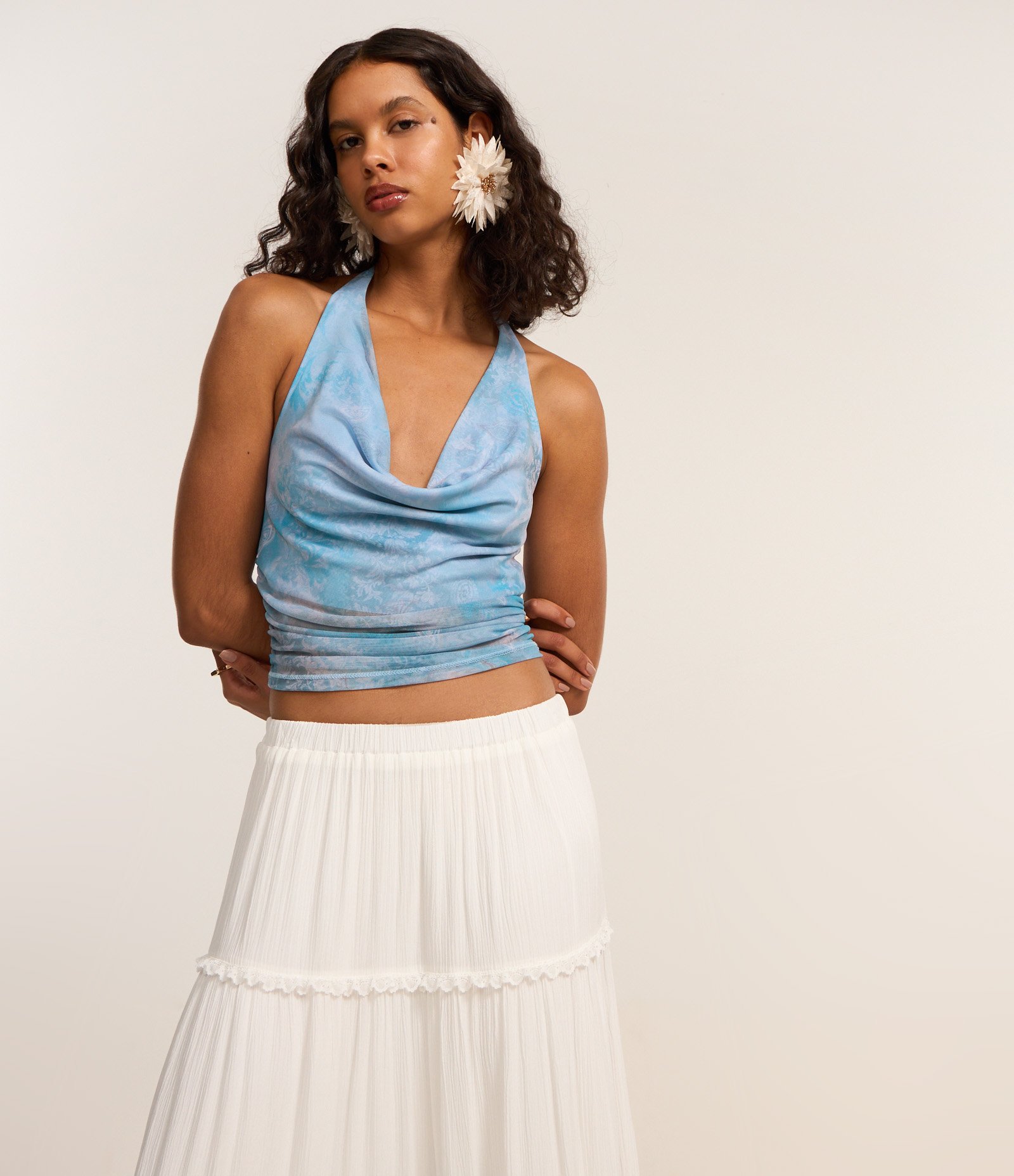 Saia Long Midi em Viscose com Babados e Textura Branco 2