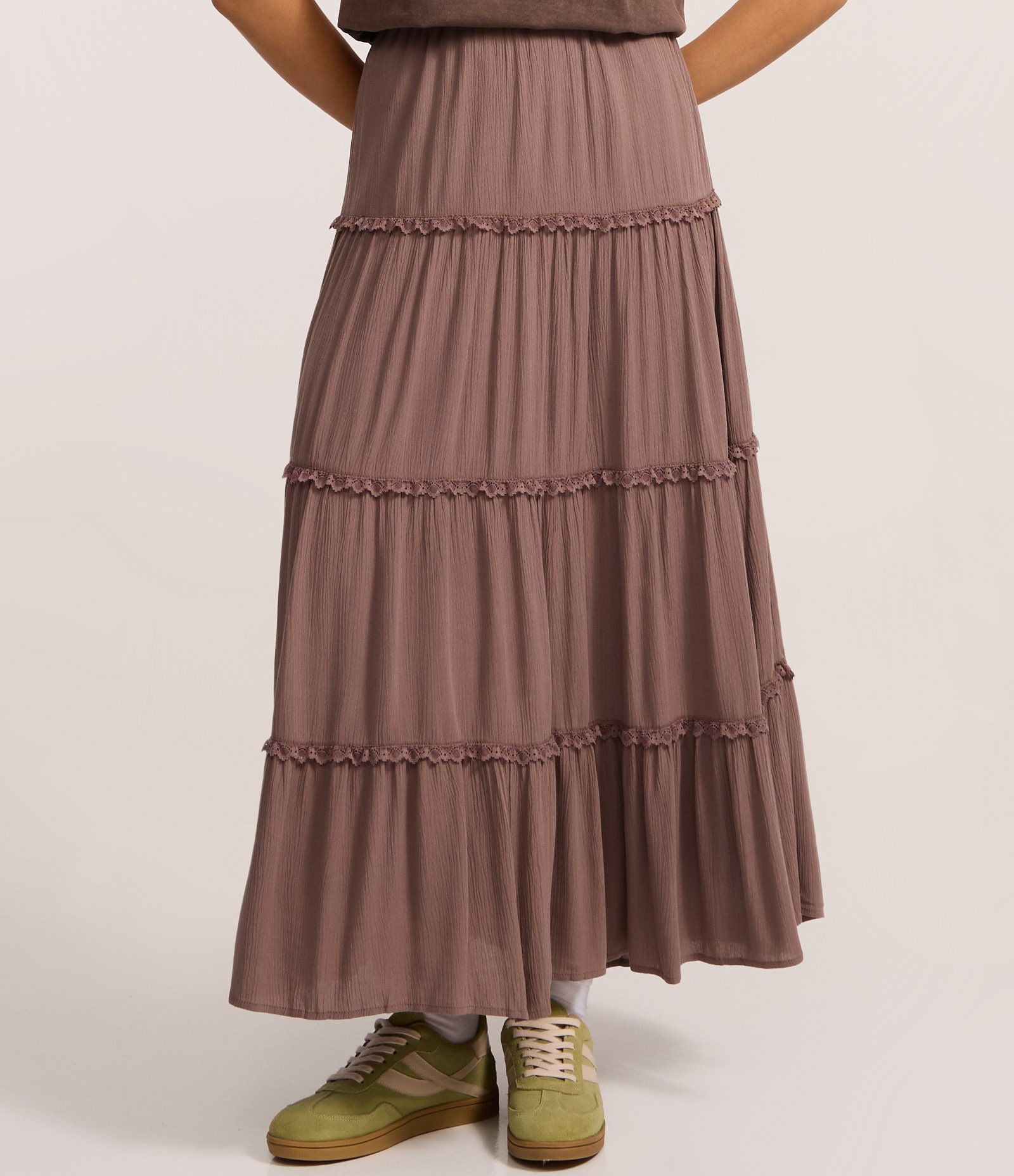 Saia Long Midi em Viscose com Babados e Textura Marrom 3