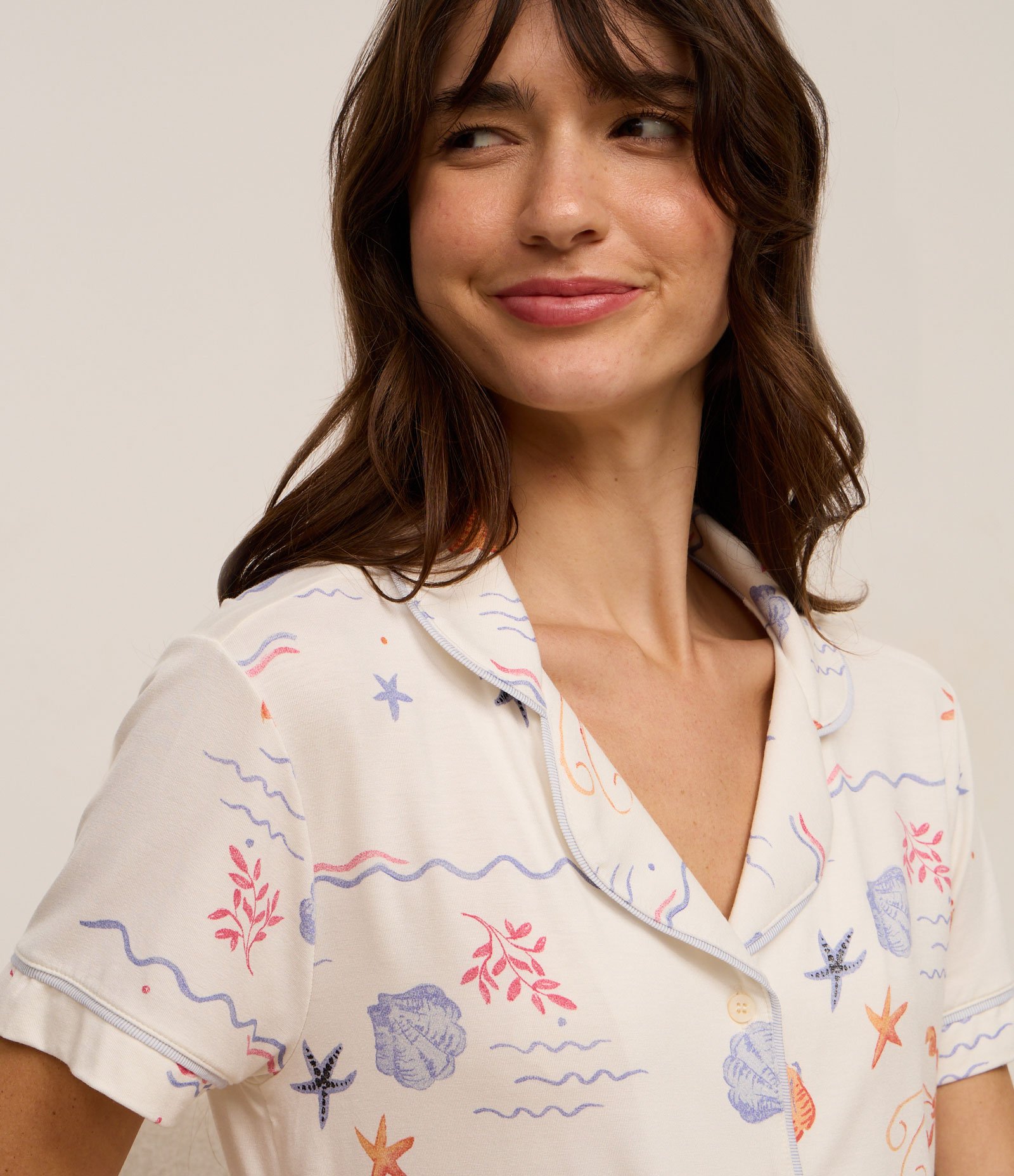 Pijama Short Doll em Viscose com Estampa Fundo do Mar Branco 2