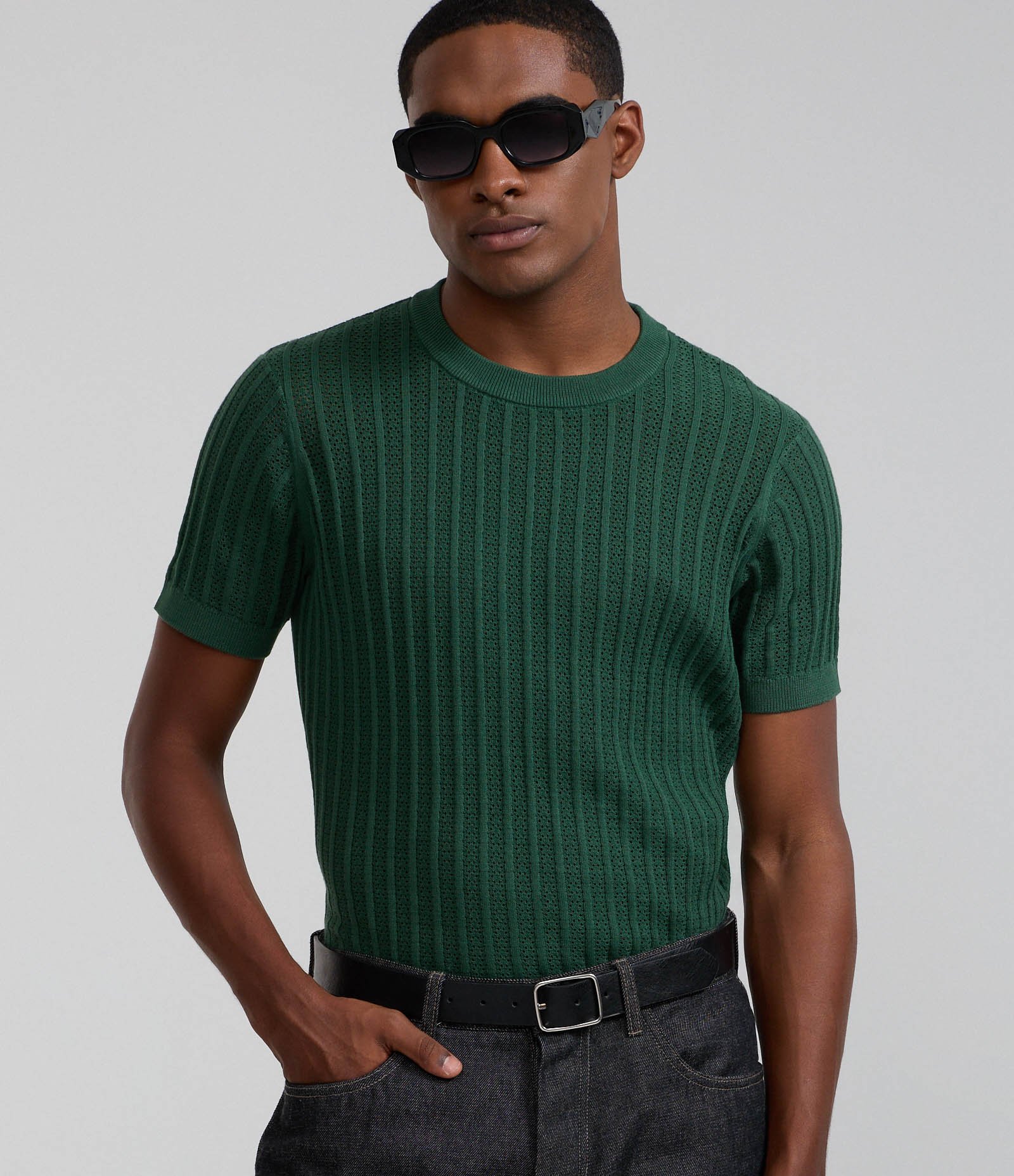 Camiseta Regular em Algodão com Textura e Efeito Tricô Verde 1