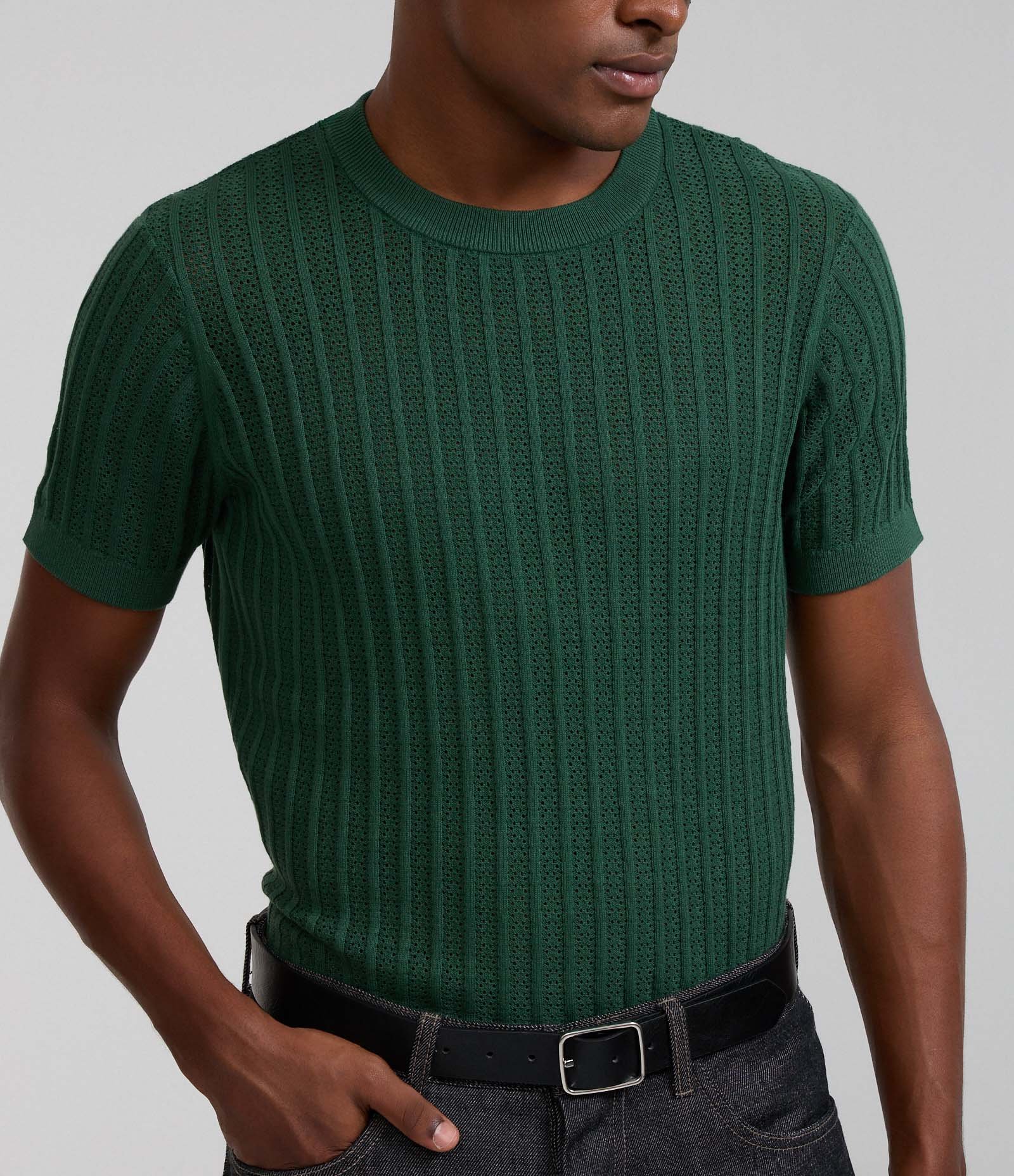 Camiseta Regular em Algodão com Textura e Efeito Tricô Verde 3