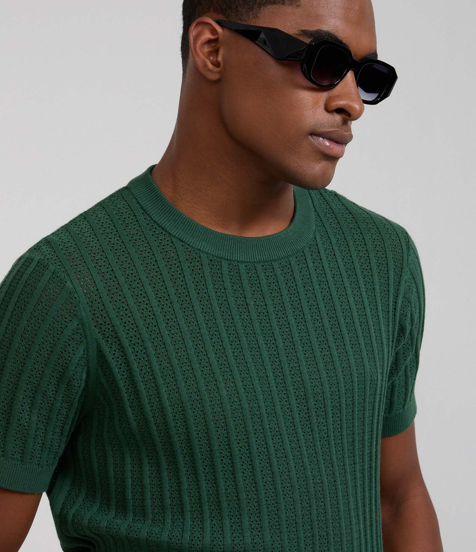 Camiseta Regular em Algodão com Textura e Efeito Tricô Verde 4