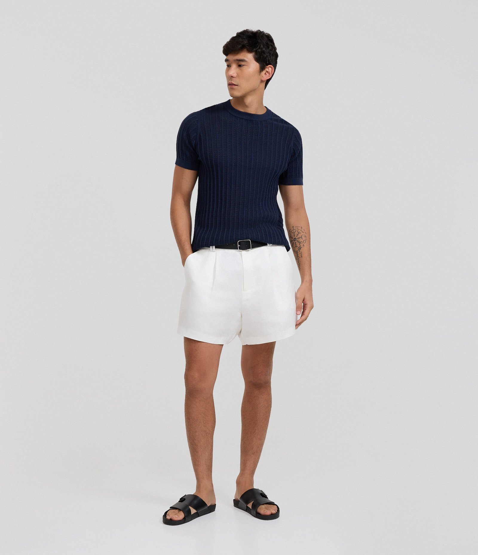 Camiseta Regular em Algodão com Textura e Efeito Tricô Azul Marinho 2