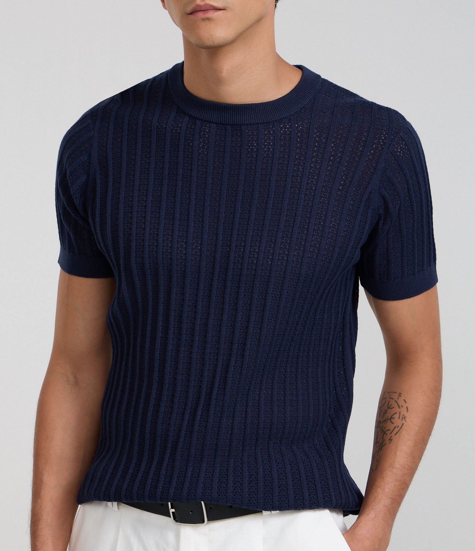 Camiseta Regular em Algodão com Textura e Efeito Tricô Azul Marinho 3