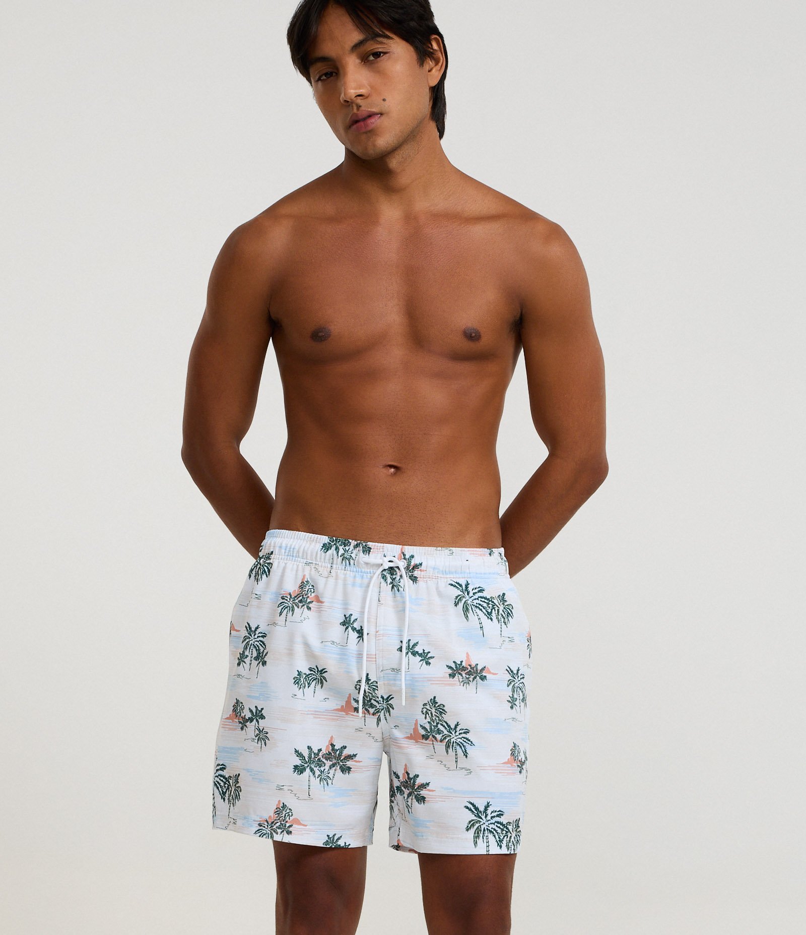 Bermuda de Banho em Microfibra com Estampa de Coqueiros Branco 1