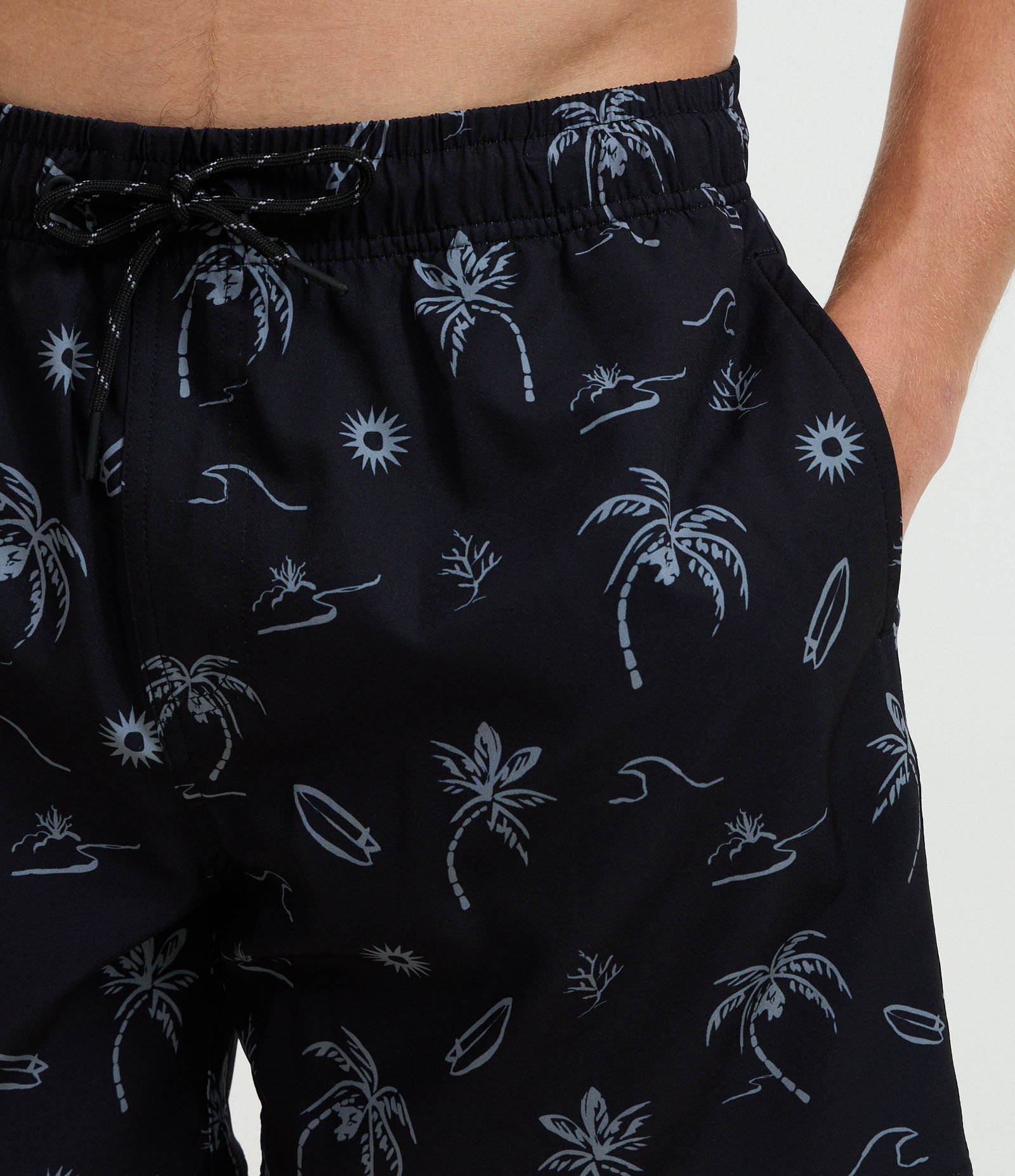 Bermuda de Banho com Estampa de Coqueiros e onda Preto 3