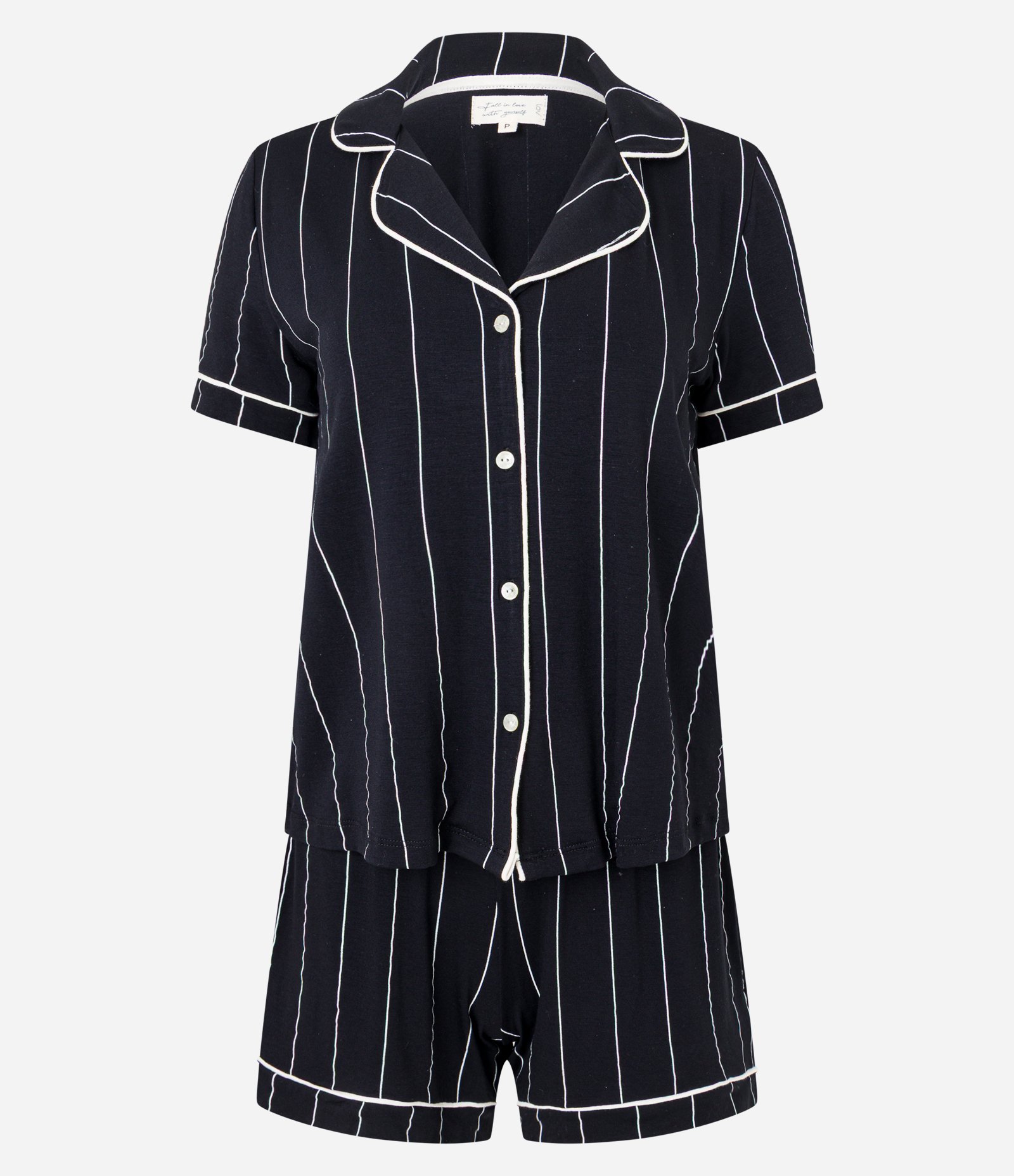 Pijama Short Doll em Viscolycra Listrada com Vieses Contrastantes Preto 6