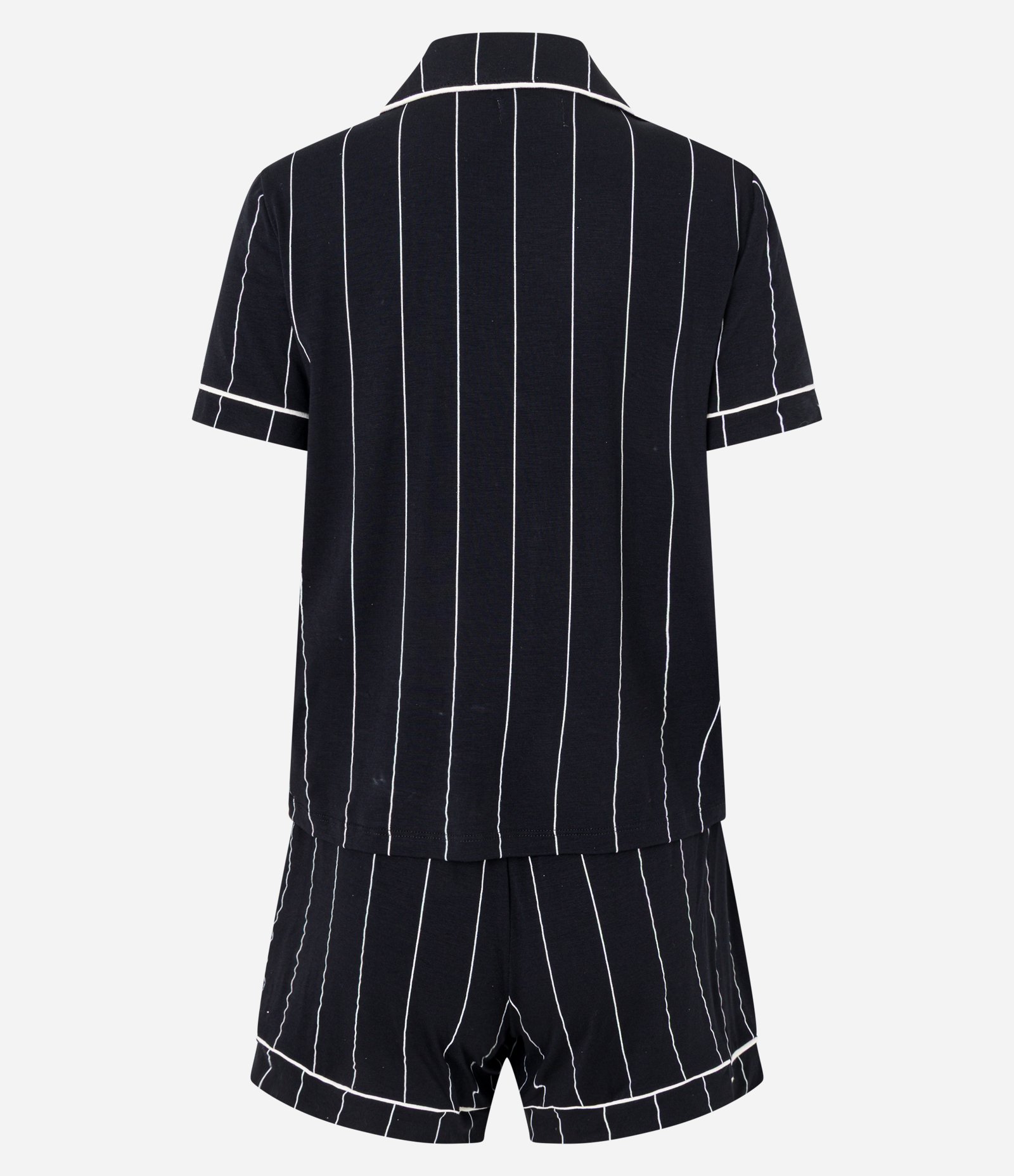 Pijama Short Doll em Viscolycra Listrada com Vieses Contrastantes Preto 7
