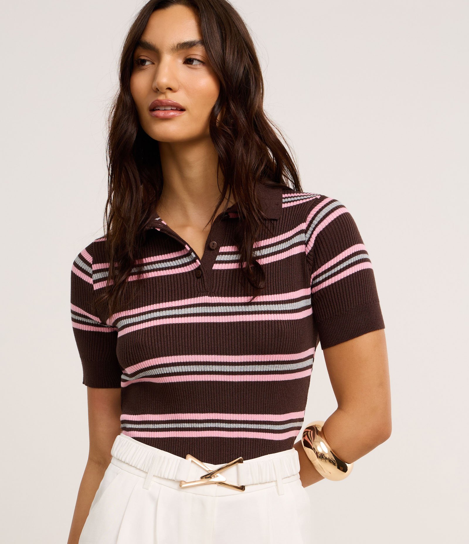 Blusa Canelada em Tricô Listrado com Gola Polo Marrom 1