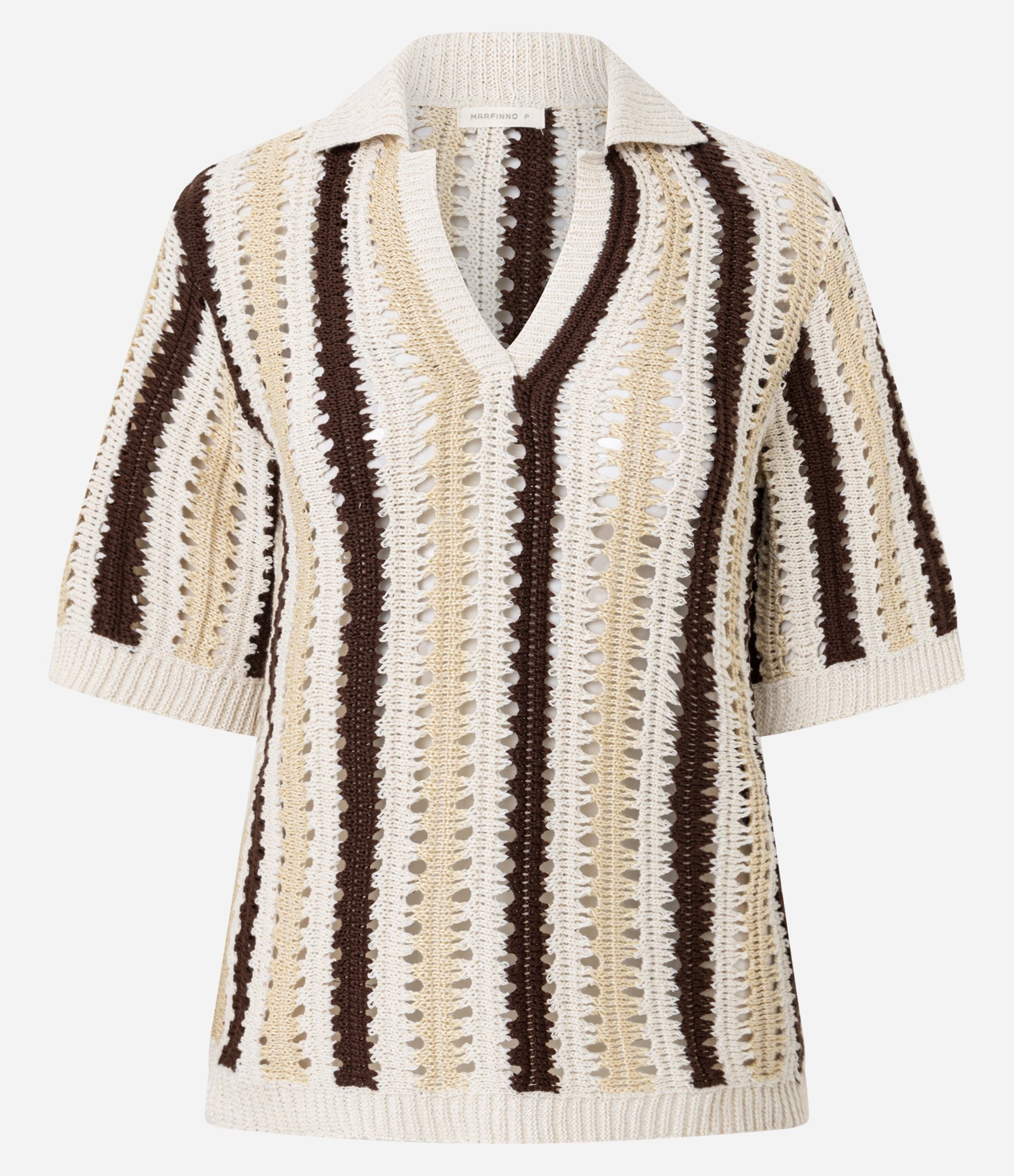 Blusa Boxy Listrada em Tricô com Ponto Vazado de Efeito Crochê Bege/Preto 7