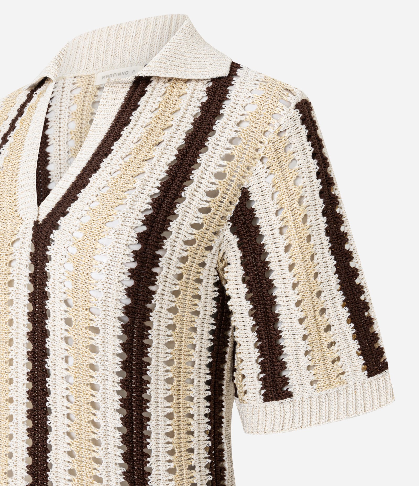 Blusa Boxy Listrada em Tricô com Ponto Vazado de Efeito Crochê Bege/Preto 8