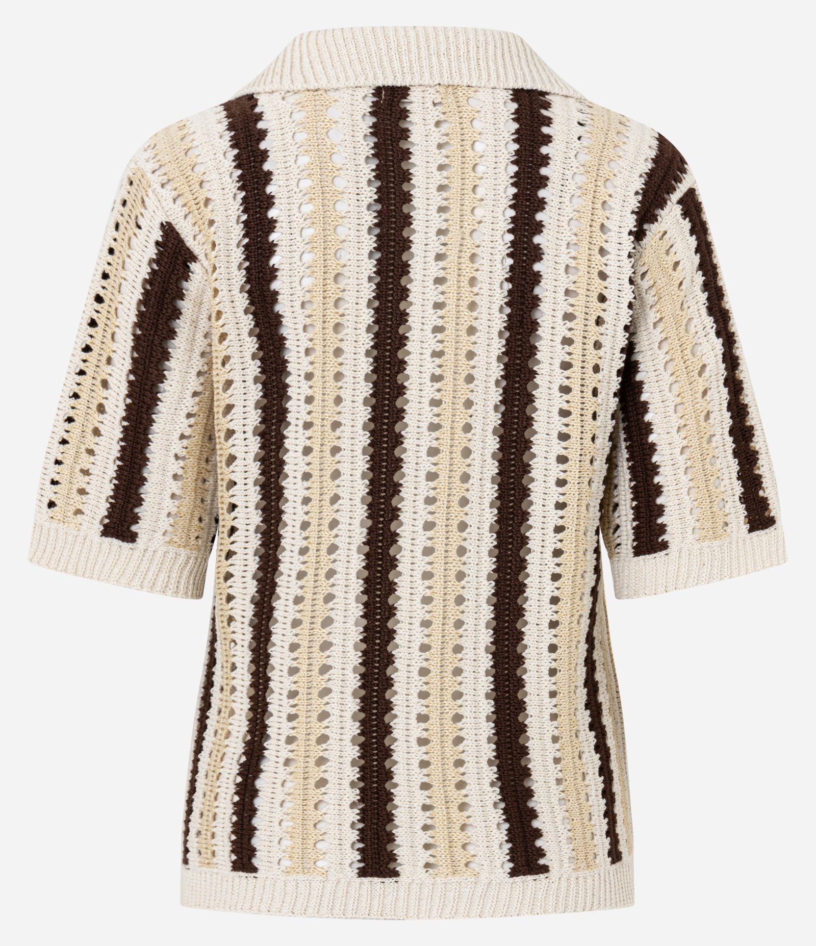 Blusa Boxy Listrada em Tricô com Ponto Vazado de Efeito Crochê Bege/Preto 9