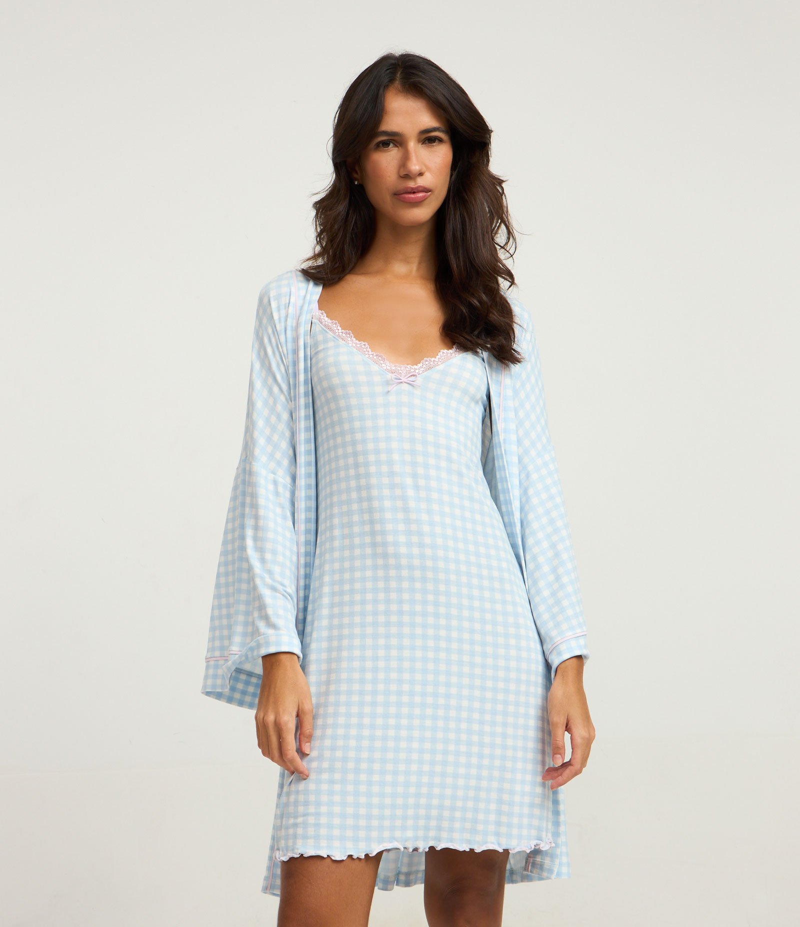 Camisola em Viscolycra com Alcinha e Estampa Xadrez Vichy Azul 1