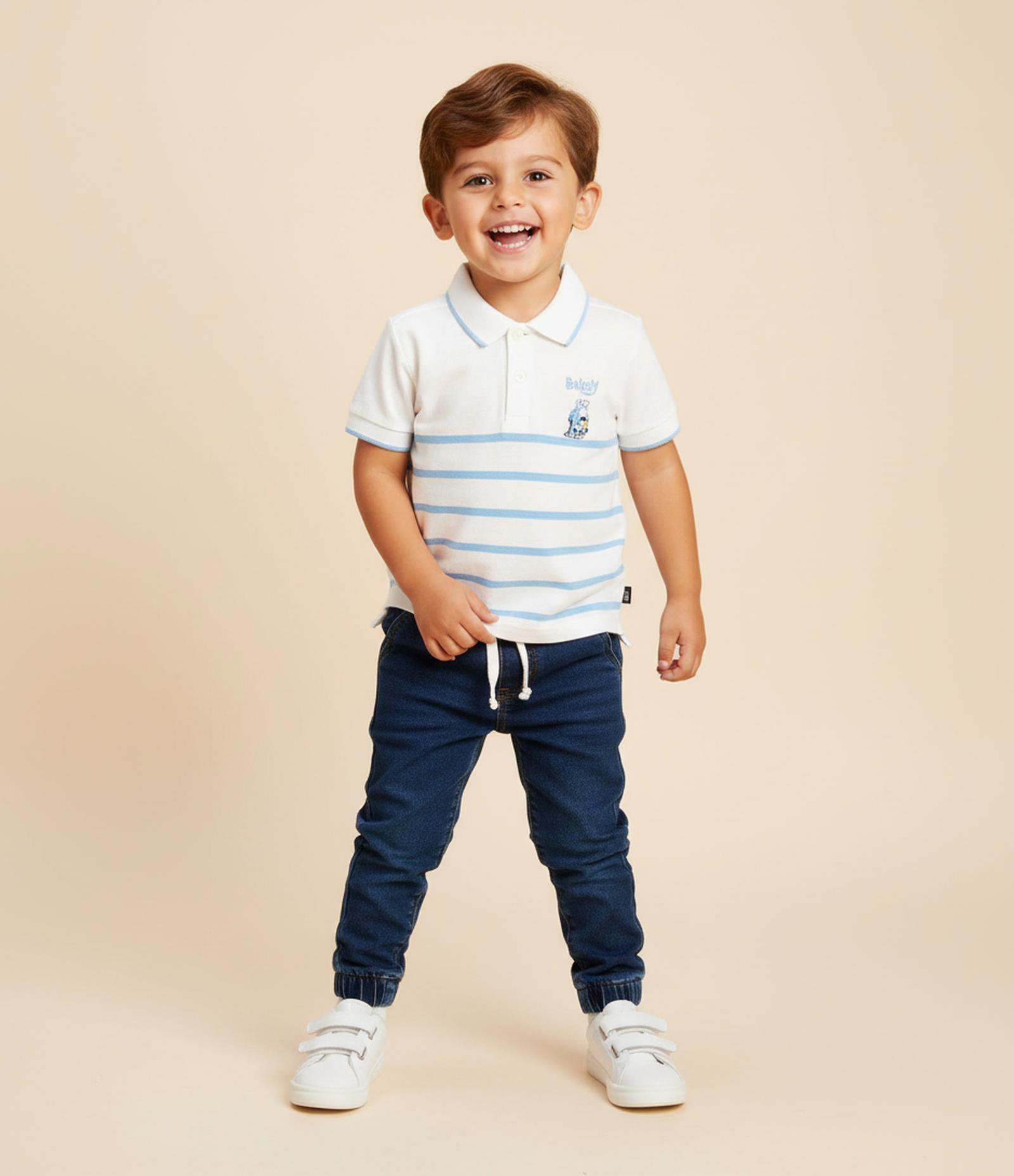 Camiseta Polo Infantil em Piquet com Estampa de Listras Bluey - Tam 2 a 6 Anos Branco 1