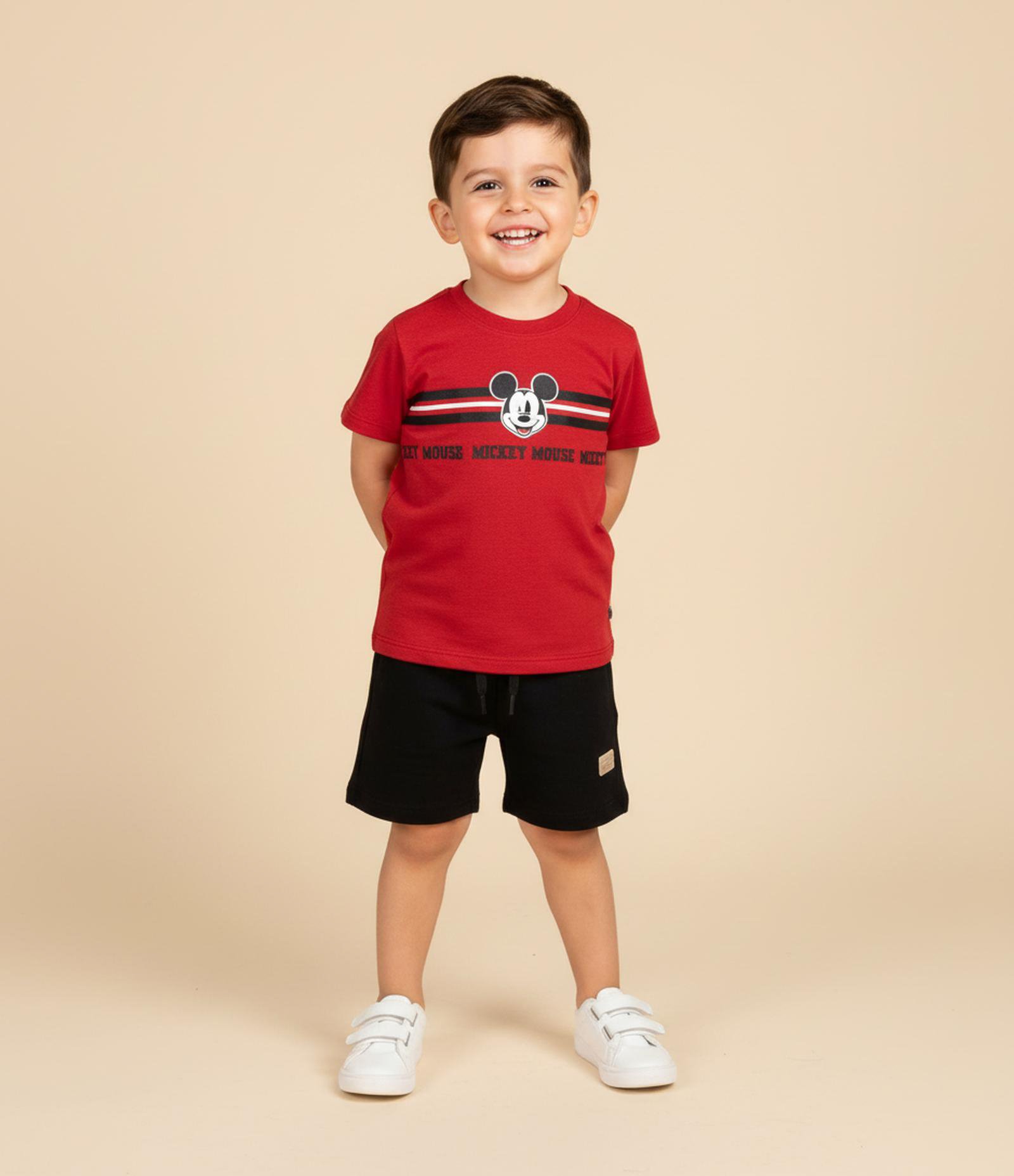 Camiseta Infantil com Estampa Listra e Mickey Mouse - Tam 1 a 6 anos Vermelho 1