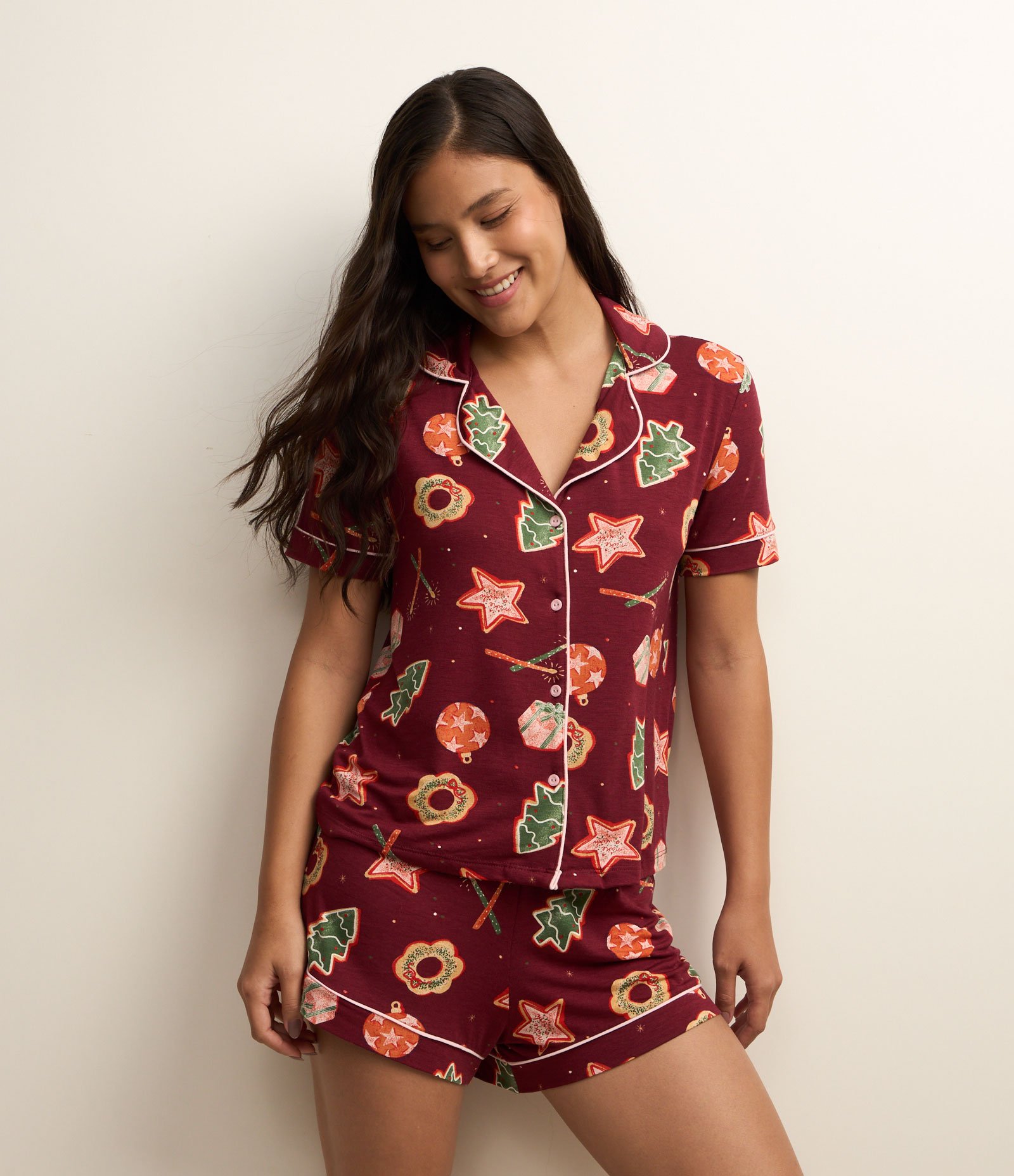 Pijama Americano Short Doll em Viscose com Estampa Natalina Vermelho 2