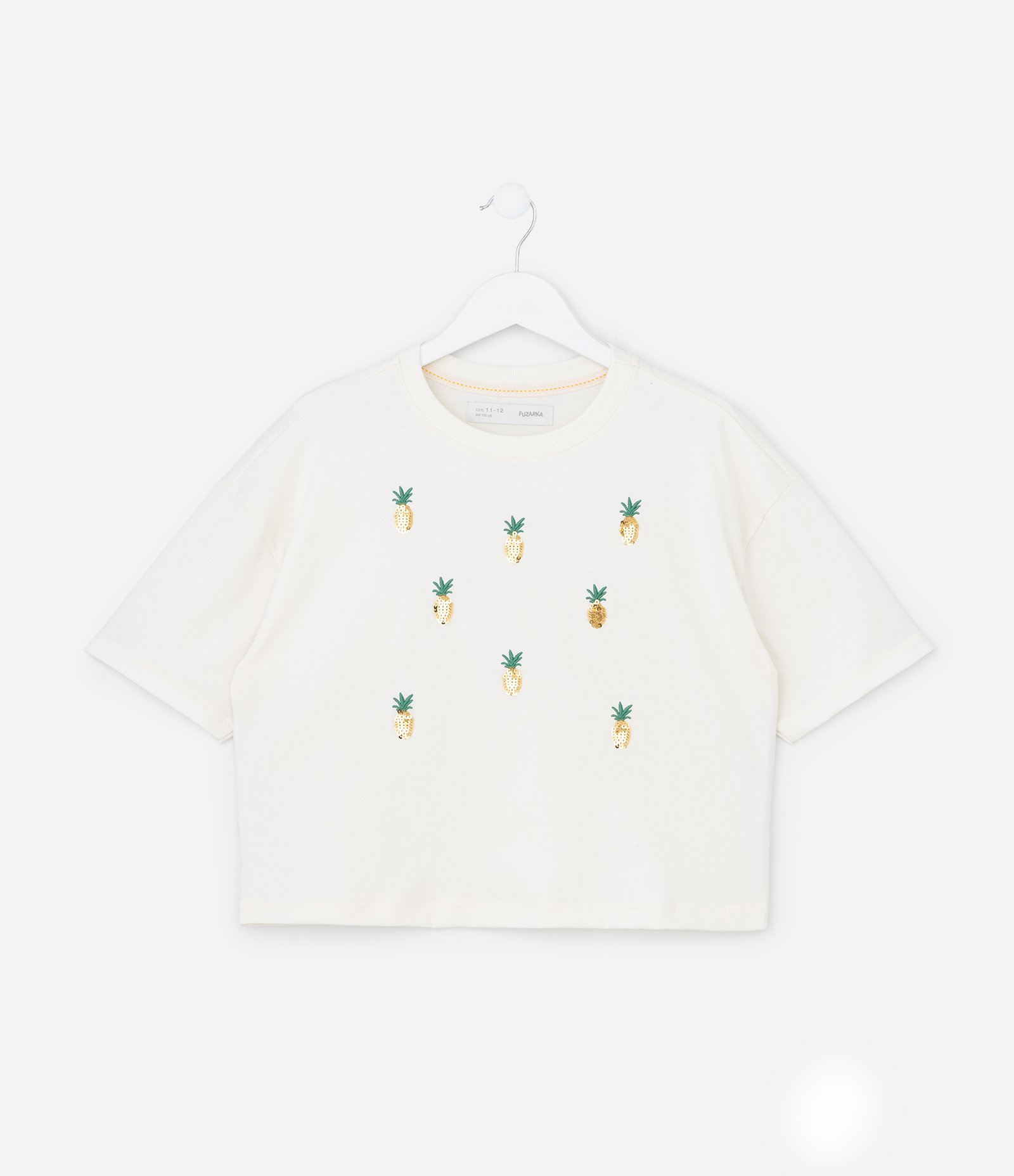 Camiseta Curta Infantil com Bordado Abacaxi em Paetês - Tam 5 a 14 Anos Off White 1