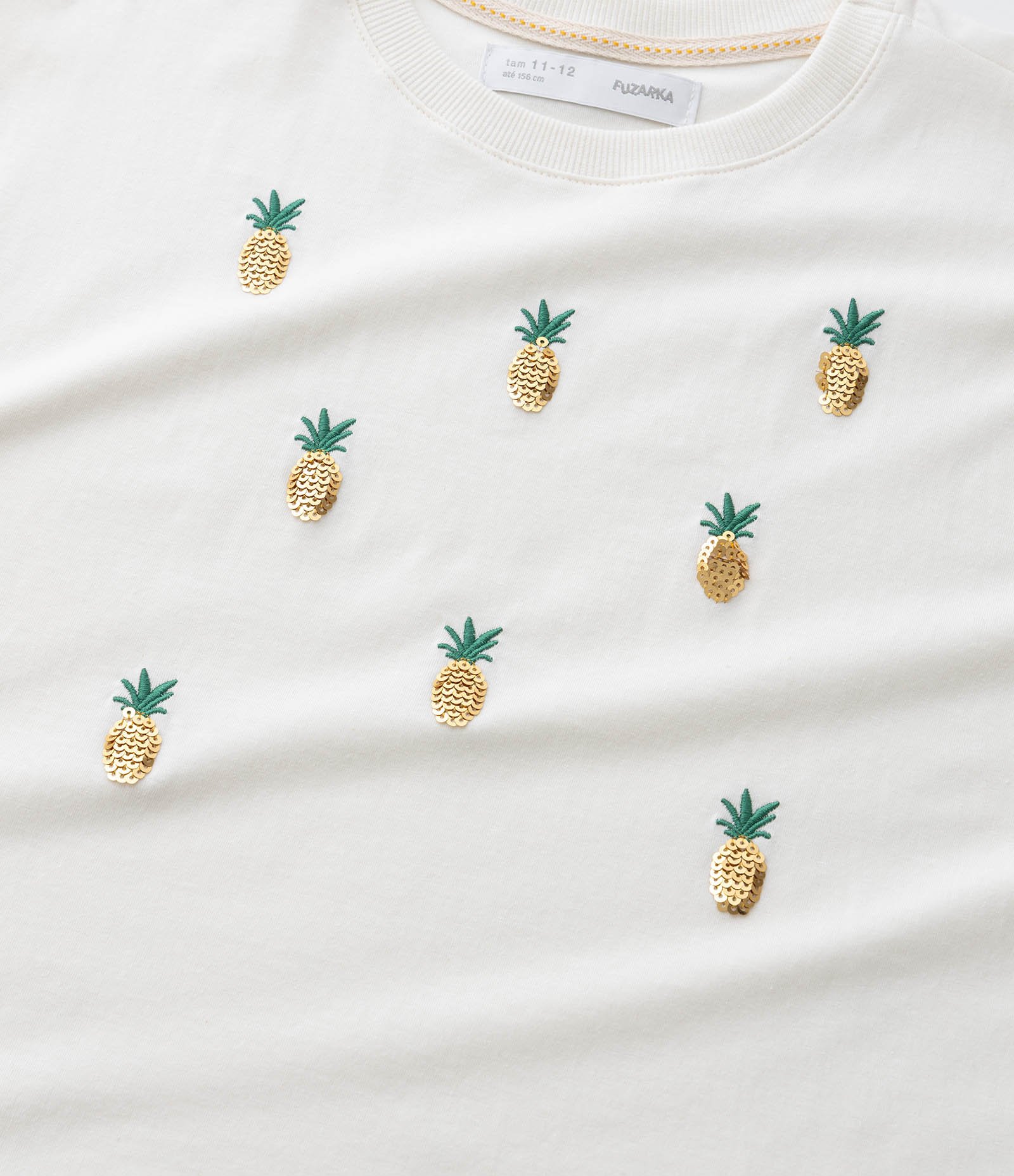 Camiseta Curta Infantil com Bordado Abacaxi em Paetês - Tam 5 a 14 Anos Off White 6