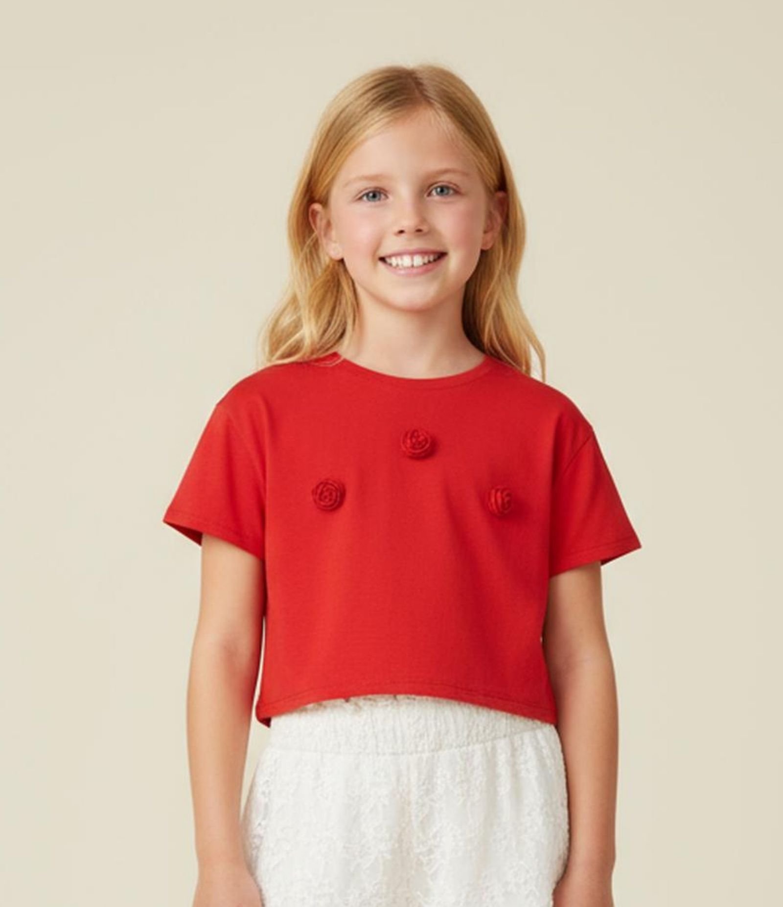 Camiseta Box Infantil com Aplicação de Flores em Crochê - Tam 5 a 14 Anos Vermelho 1