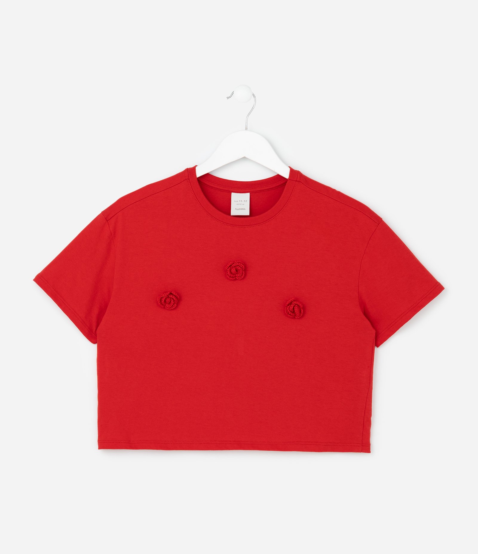 Camiseta Box Infantil com Aplicação de Flores em Crochê - Tam 5 a 14 Anos Vermelho 2