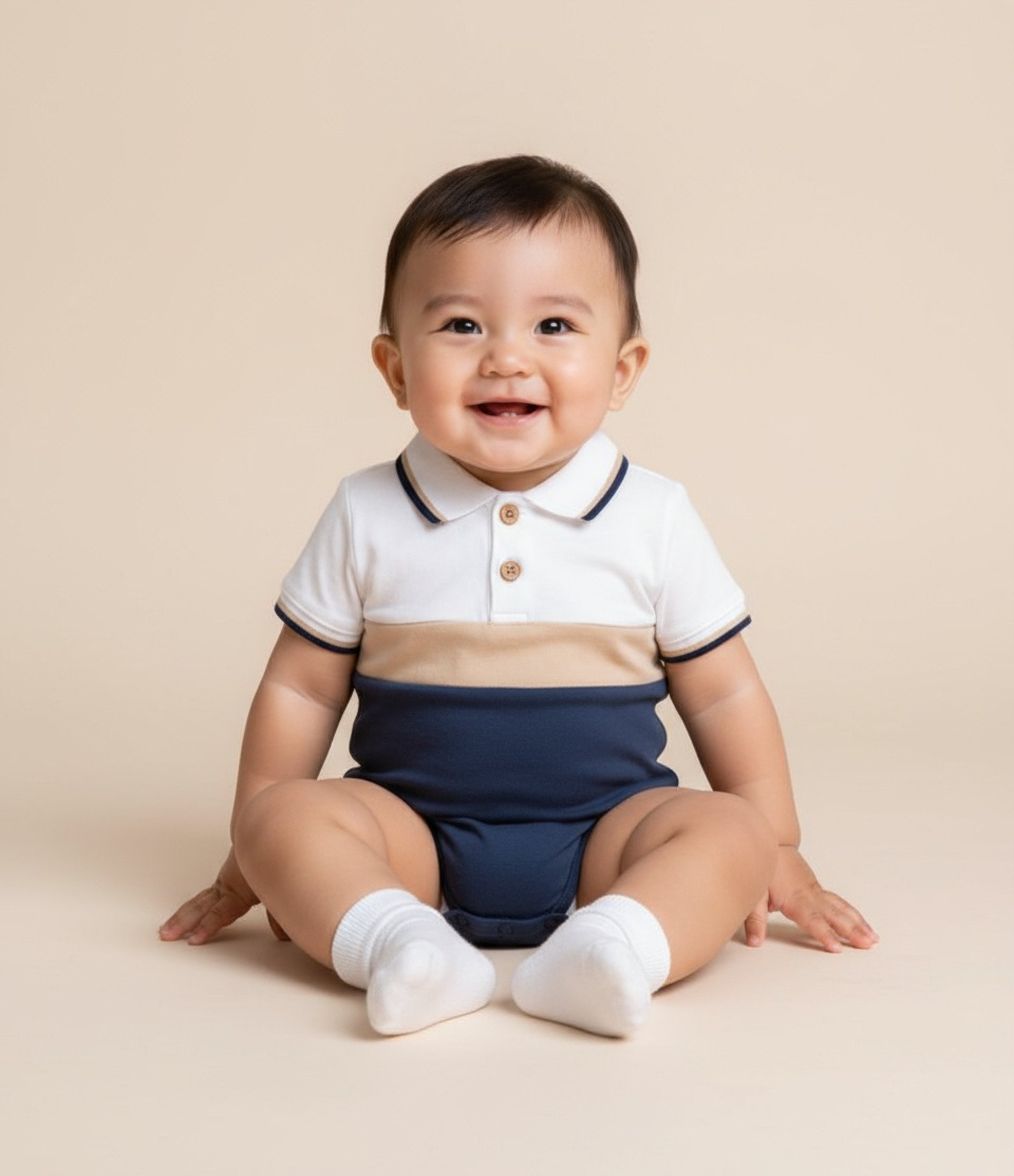 Body Infantil Gola Polo e Estampa Blocos de Cores - Tam 0 a 18 Meses Branco/Bege/Azul 1