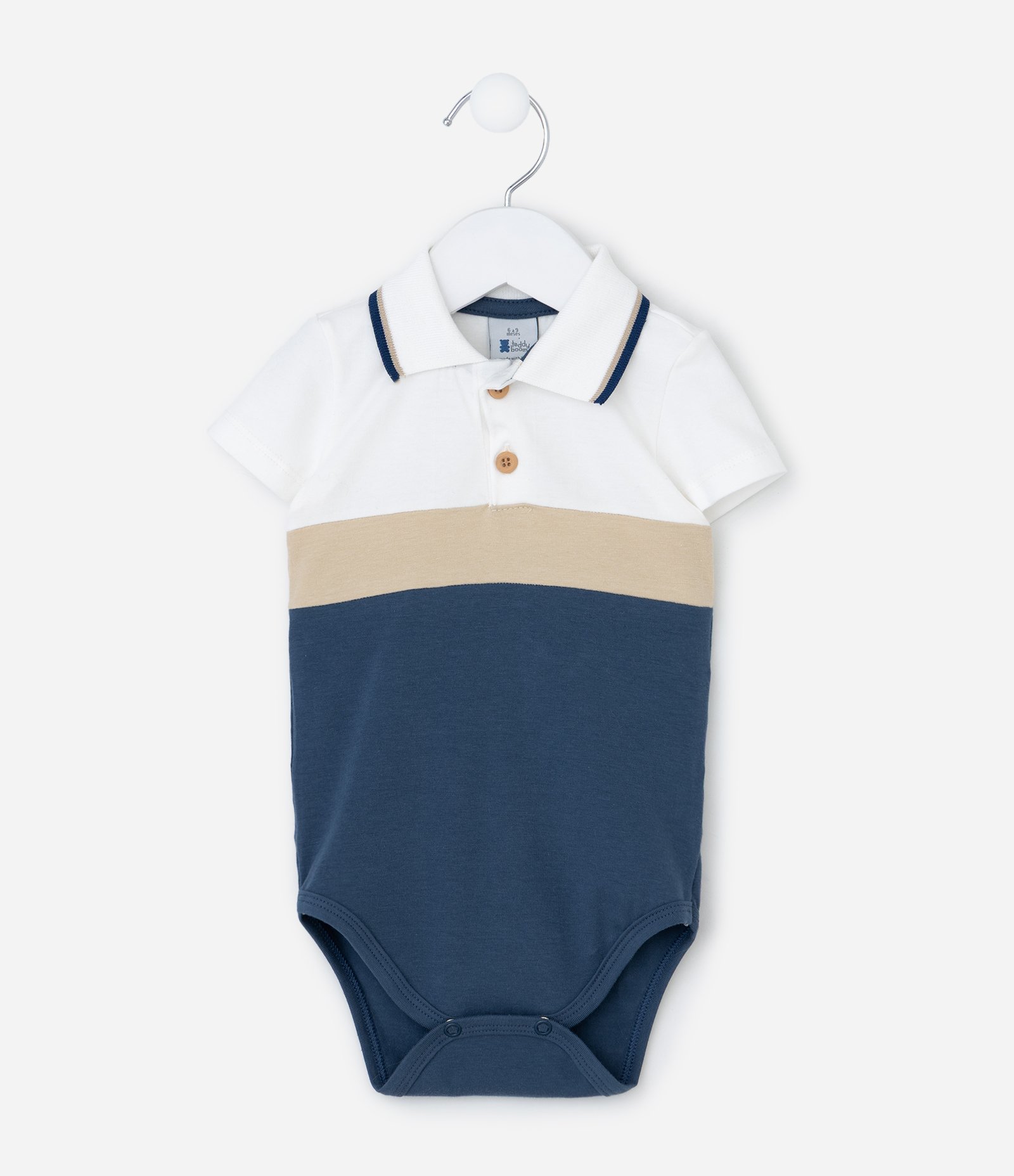 Body Infantil Gola Polo e Estampa Blocos de Cores - Tam 0 a 18 Meses Branco/Bege/Azul 2