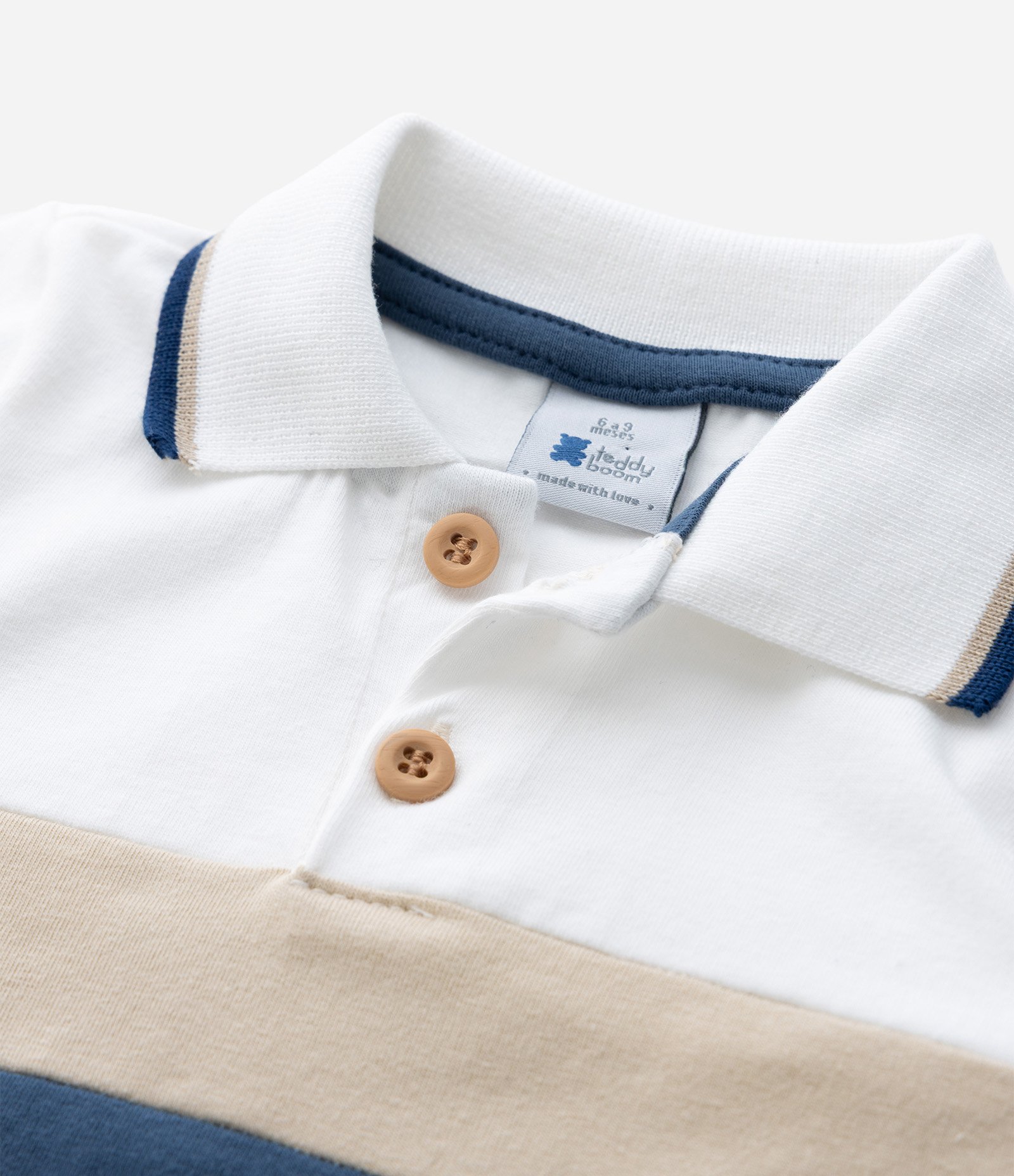 Body Infantil Gola Polo e Estampa Blocos de Cores - Tam 0 a 18 Meses Branco/Bege/Azul 6