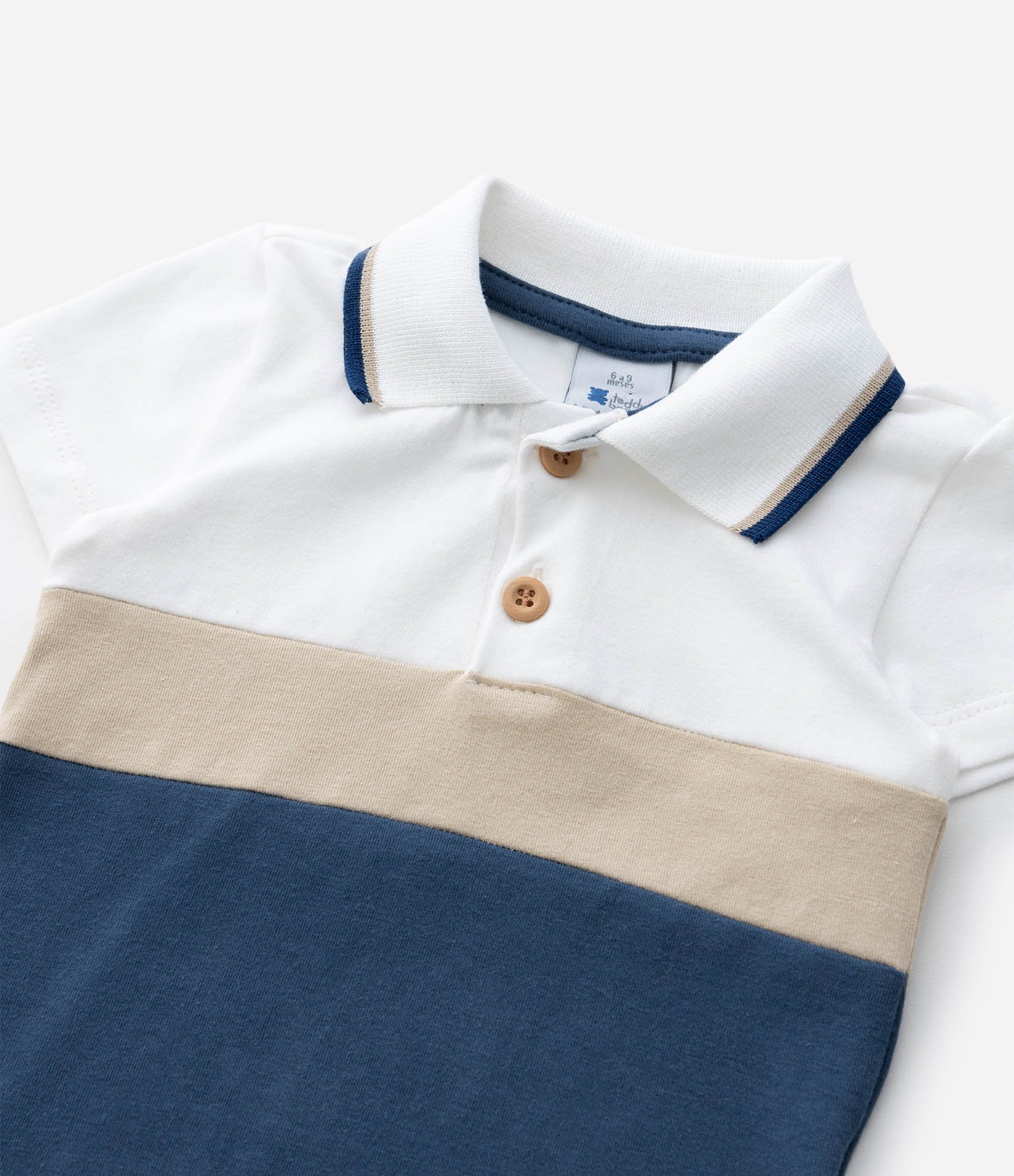 Body Infantil Gola Polo e Estampa Blocos de Cores - Tam 0 a 18 Meses Branco/Bege/Azul 7
