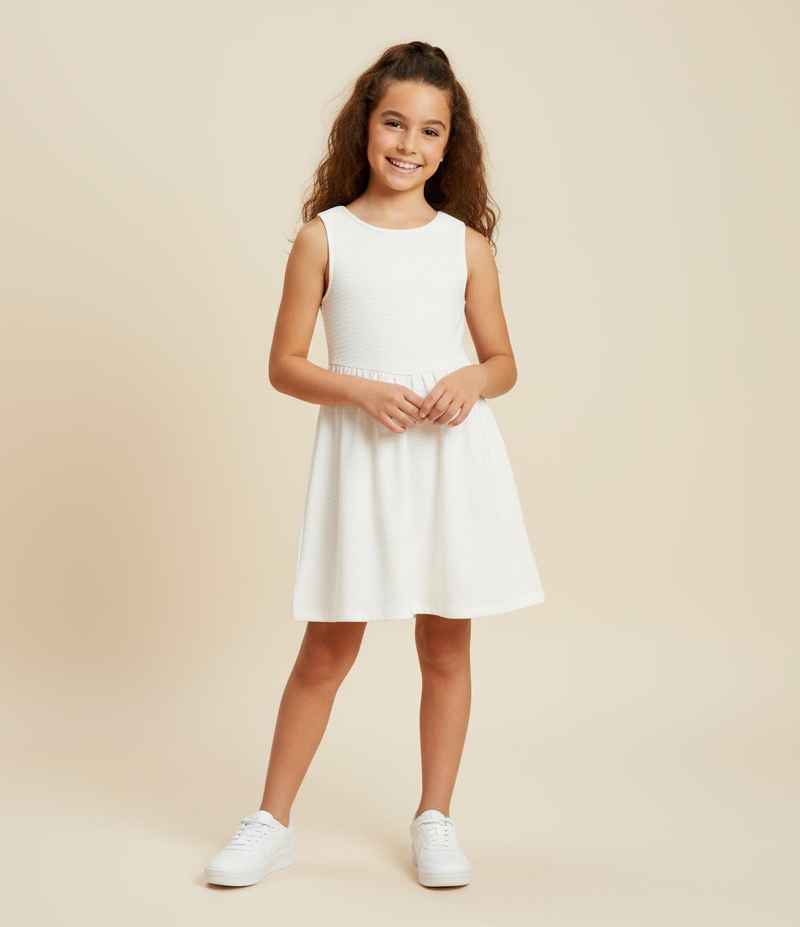 Vestido Infantil em Anarruga com Lacinho Aplicado - Tam 5 a 14 Anos Branco 1