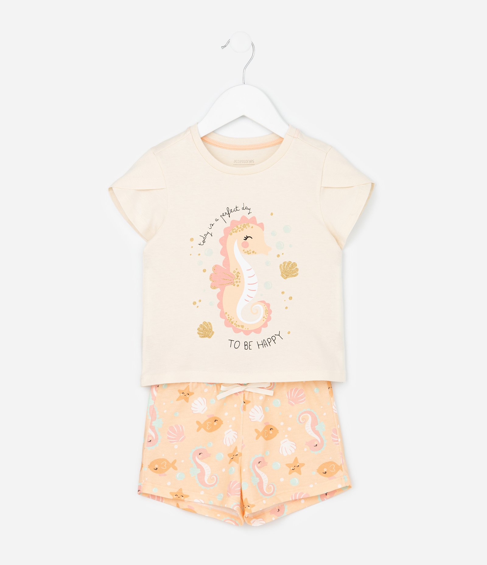 Pijama Curto Infantil em Algodão com Estampa de Cavalo Marinho - Tam 2 a 4 Anos Bege/Laranja 1