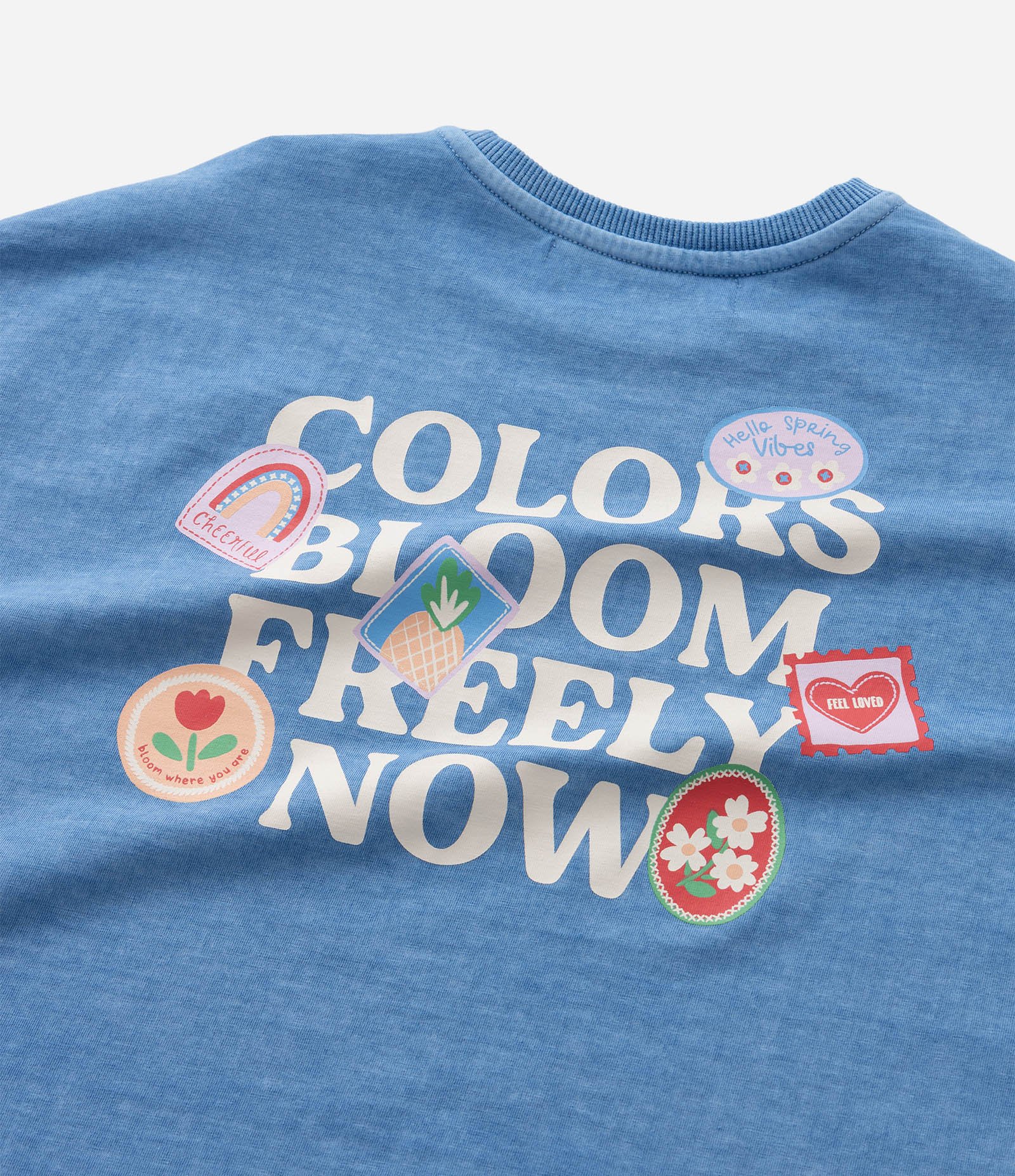 Camiseta Infantil Lavada com Cava Deslocada e Selos - Tam 5 a 14 Anos Azul 8