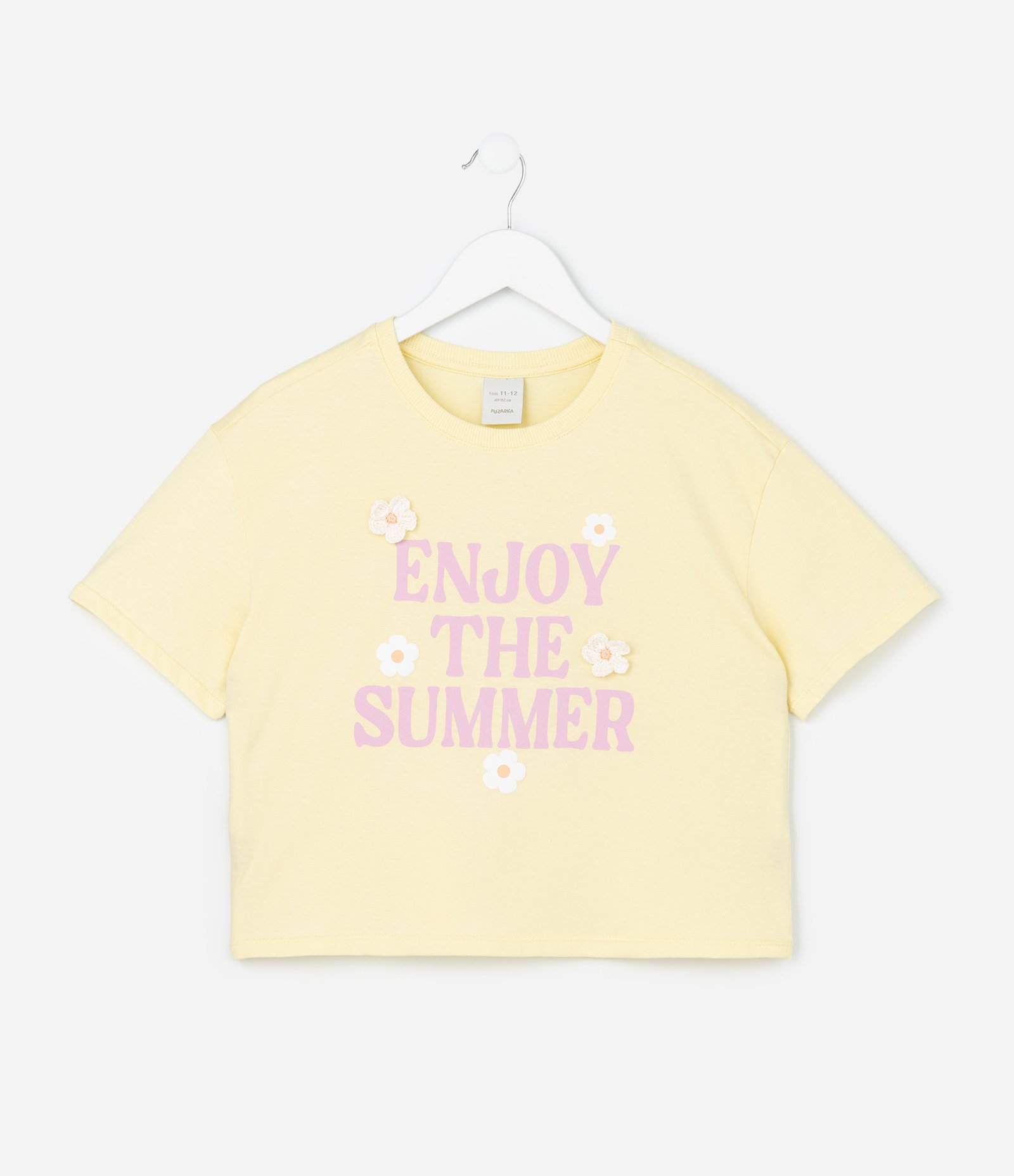 Camiseta Infantil Boxy com Flor em Crochê Enjoy The Summer - Tam 5 a 14 Anos Amarelo 1