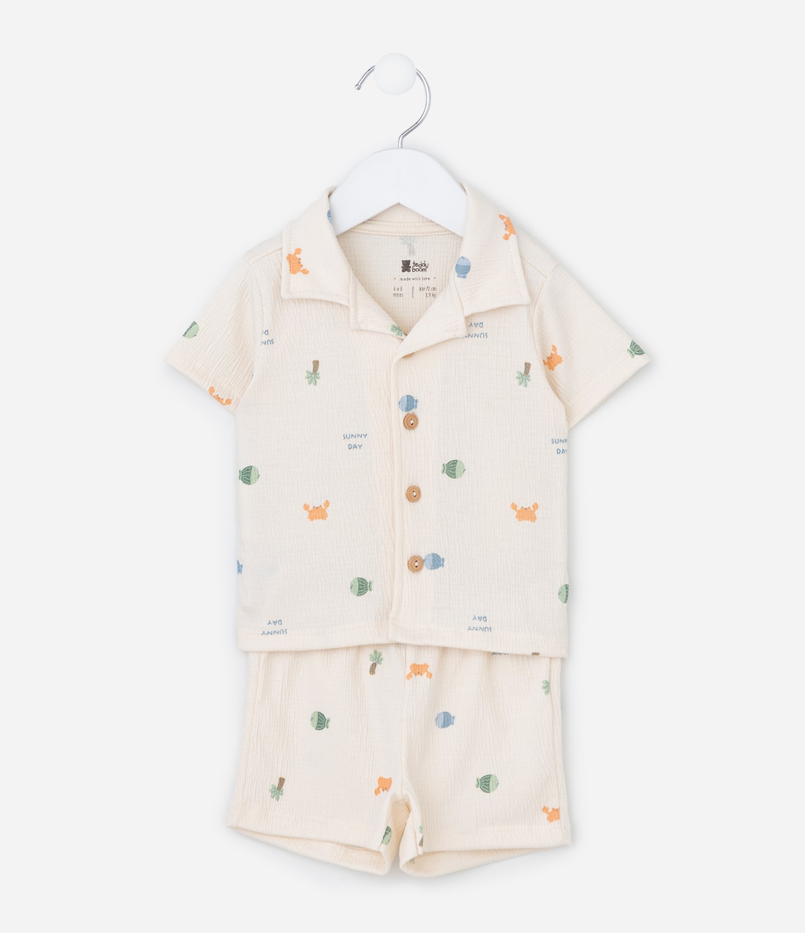 Conjunto Infantil em Anarruga com Estampa Fundo do Mar - Tam 0 a 18 Meses Bege 1