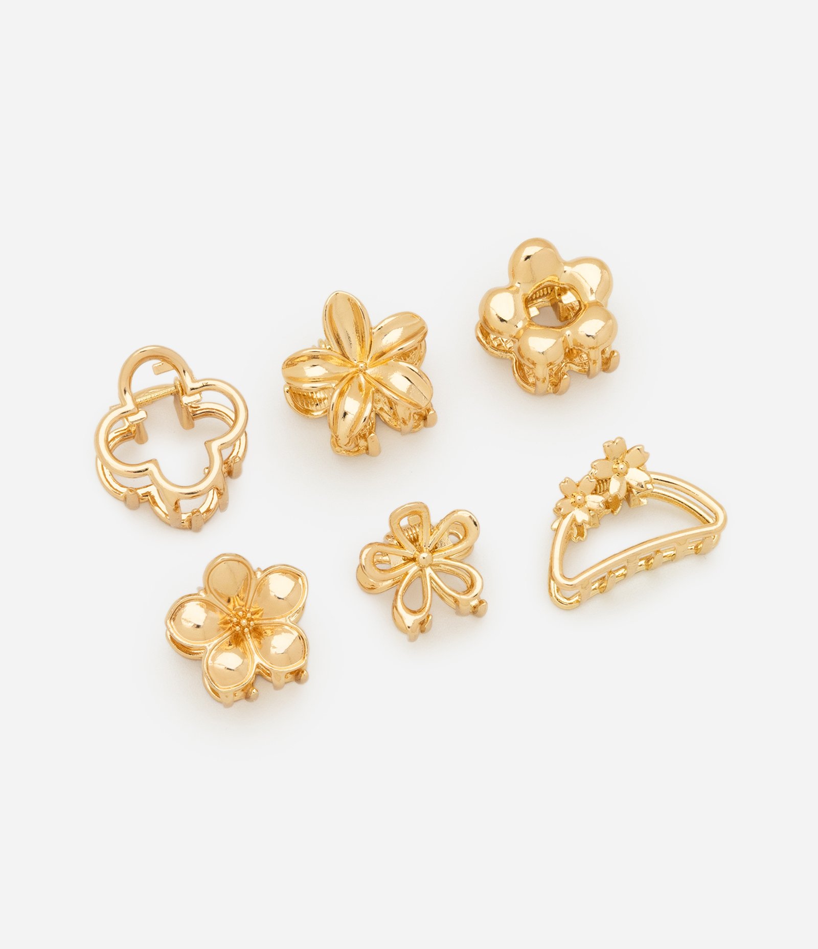 Kit 06 Piranhas de Cabelo em Metal Liso com Formas Florais Variadas Dourado 1