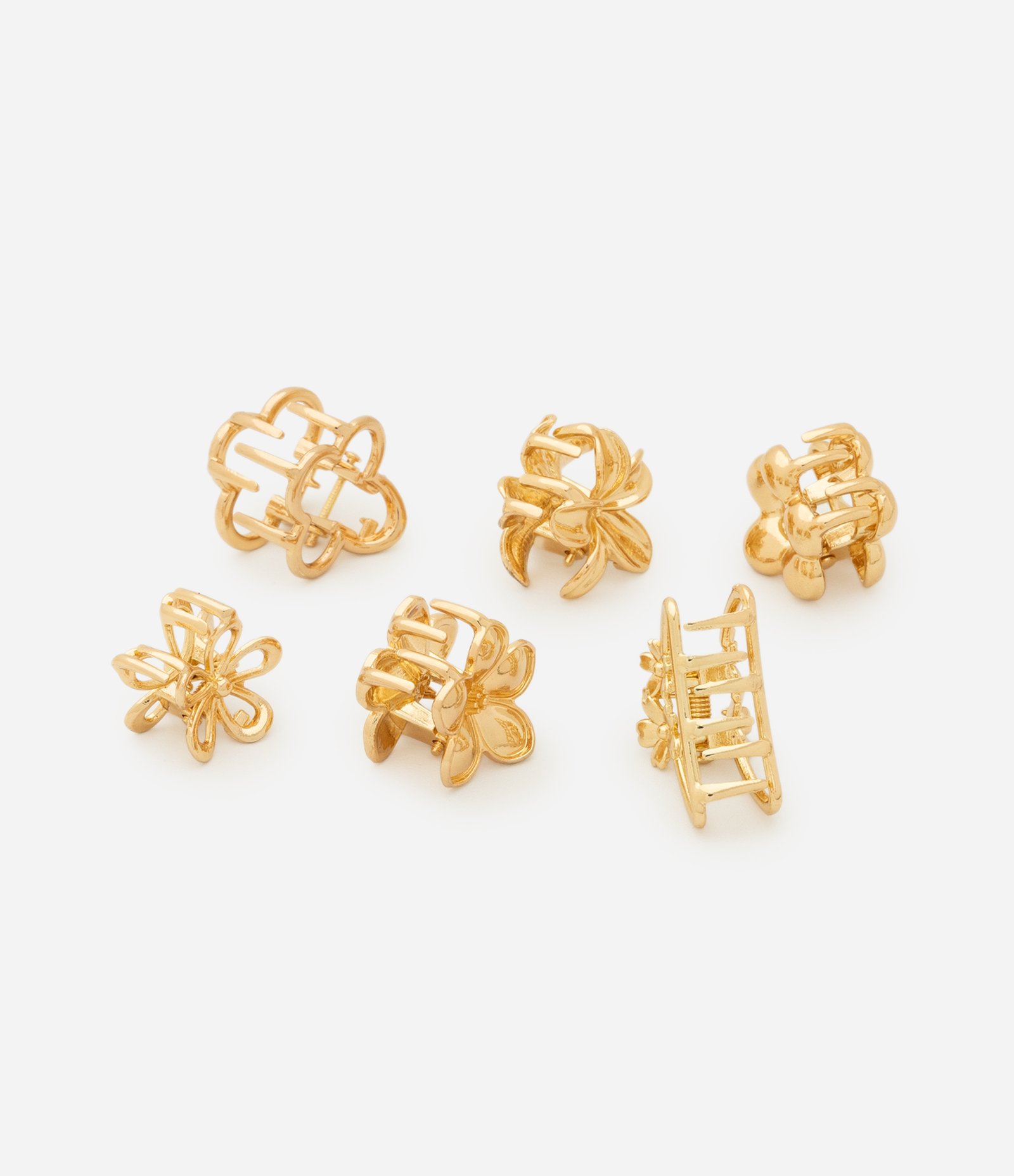 Kit 06 Piranhas de Cabelo em Metal Liso com Formas Florais Variadas Dourado 2