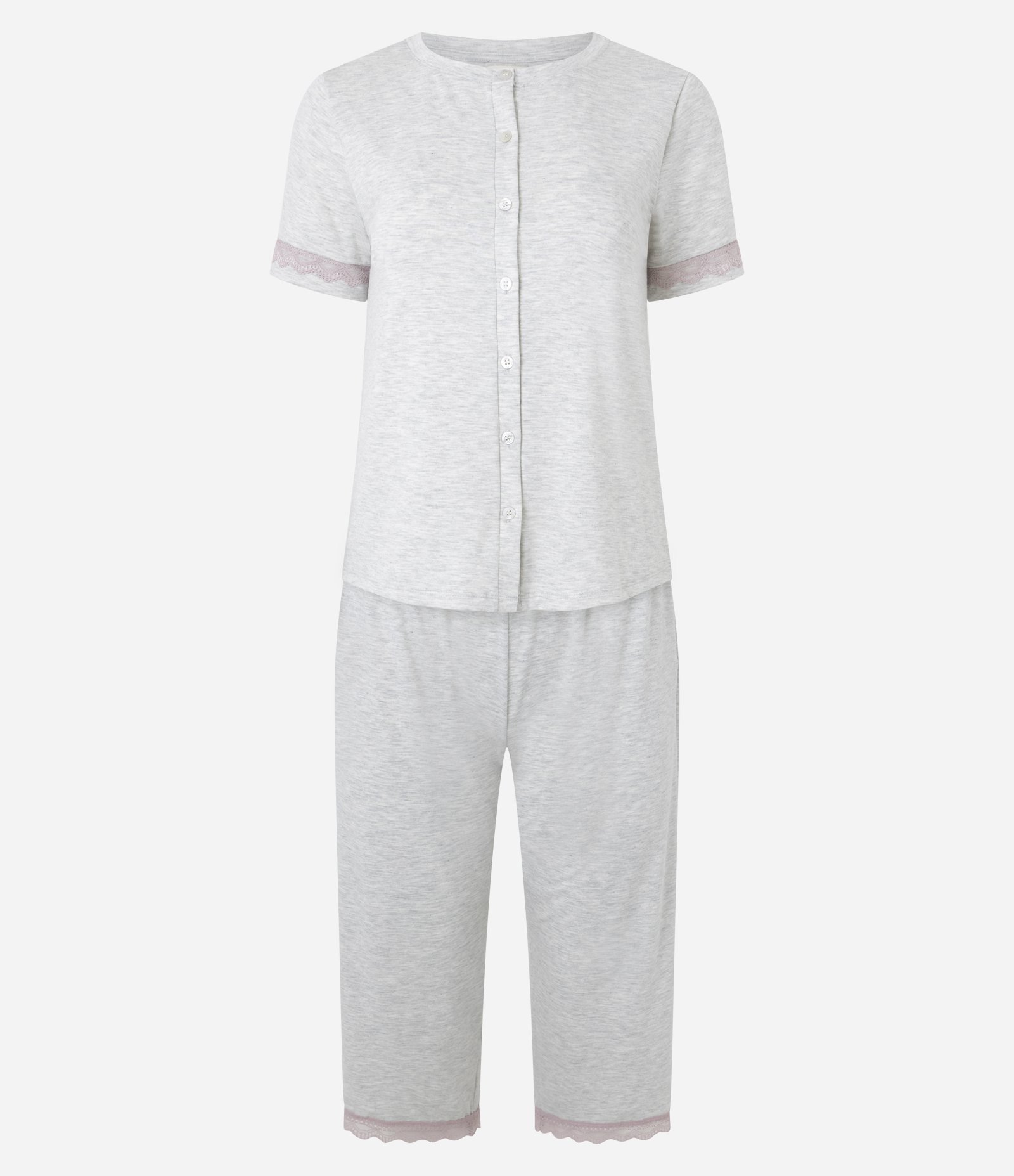 Pijama Capri em Viscolycra com Abotoamento Frontal e Detalhes de Rendinha Cinza 3