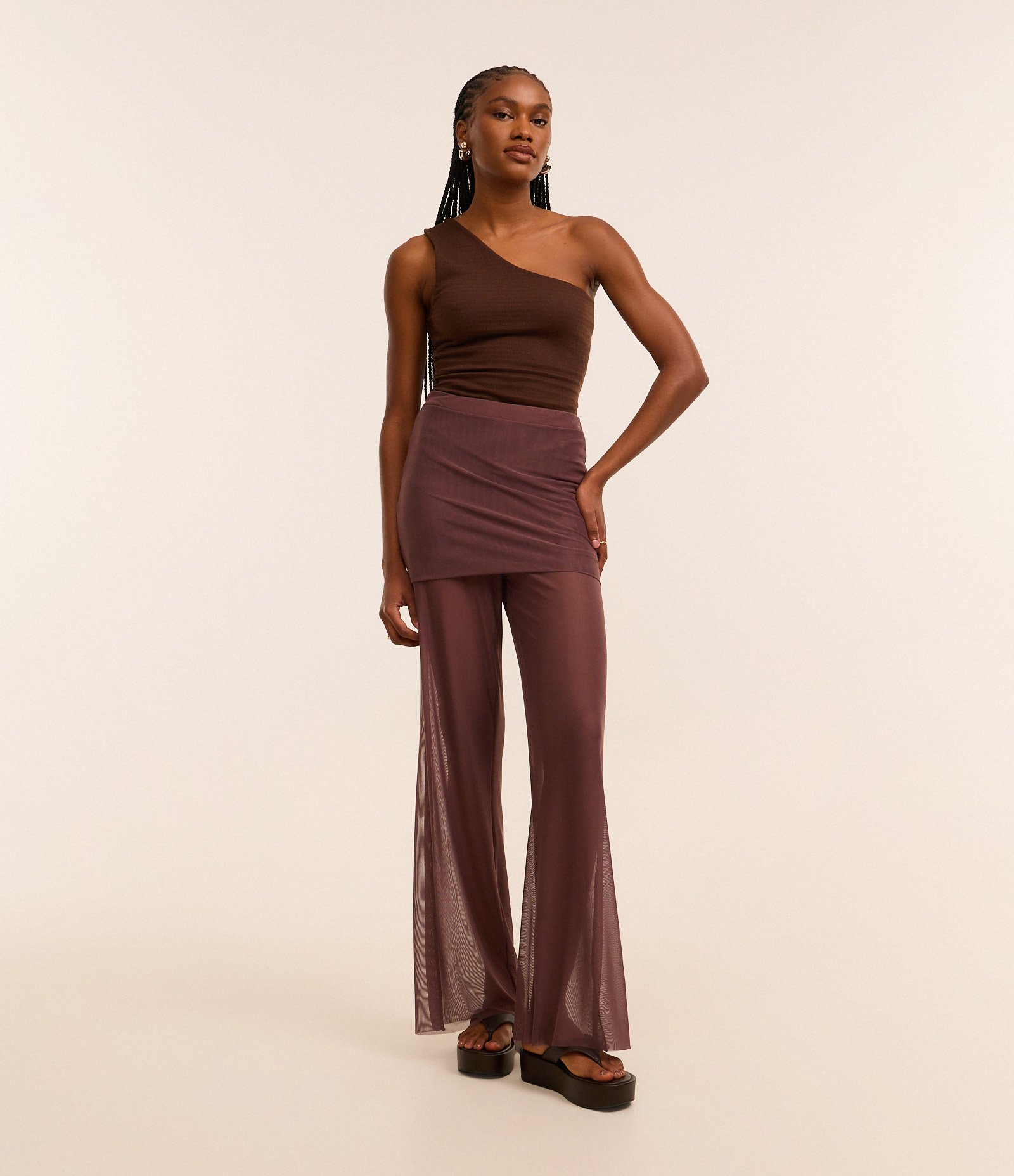 Calça Reta em Tule com Saia Sobreposta Bordô 1