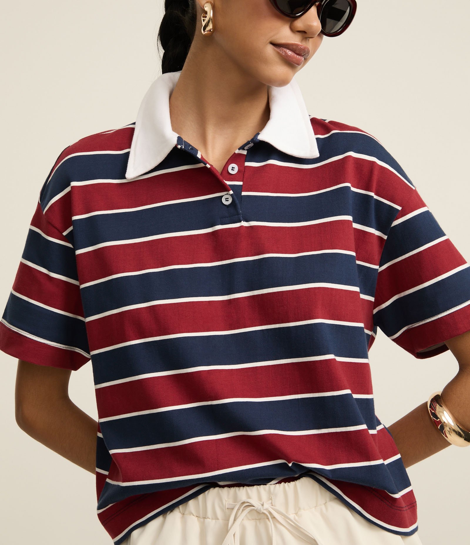 Blusa Polo em Algodão com Listras Horizontais Vermelho/Azul 3